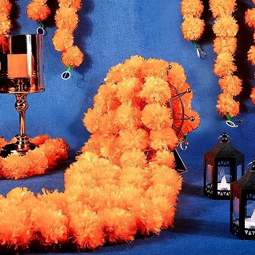 15 Pack Marigold Garland for Decoration 5 ft Long Strands Faux Orange Red