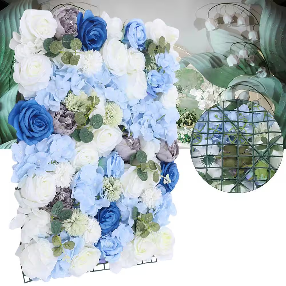 23.6 In. X 15.7 In. Blue Artificial Hydrangea Rose Flower Wall Panel Backdrop De