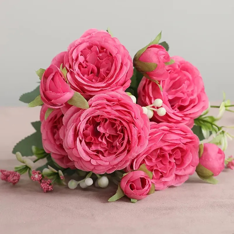 30cm Rose Pink Silk Peony Artificial Flowers Bouquet 5 Big Head and 4 Bud Cheap