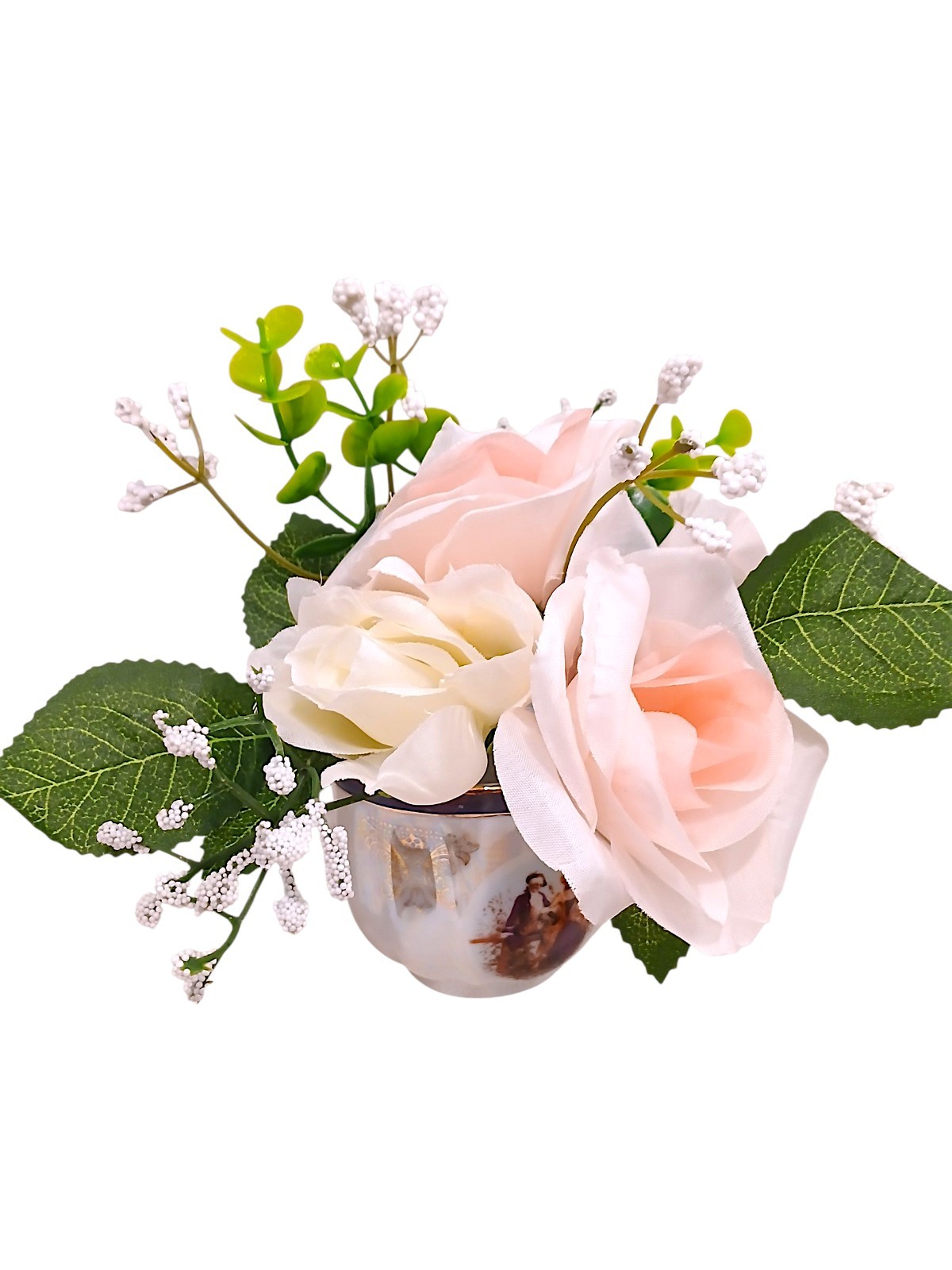 Silk Floral Arrangement Dainty Pink Roses Leaf Tea Party Cup POP-IN Love Romance