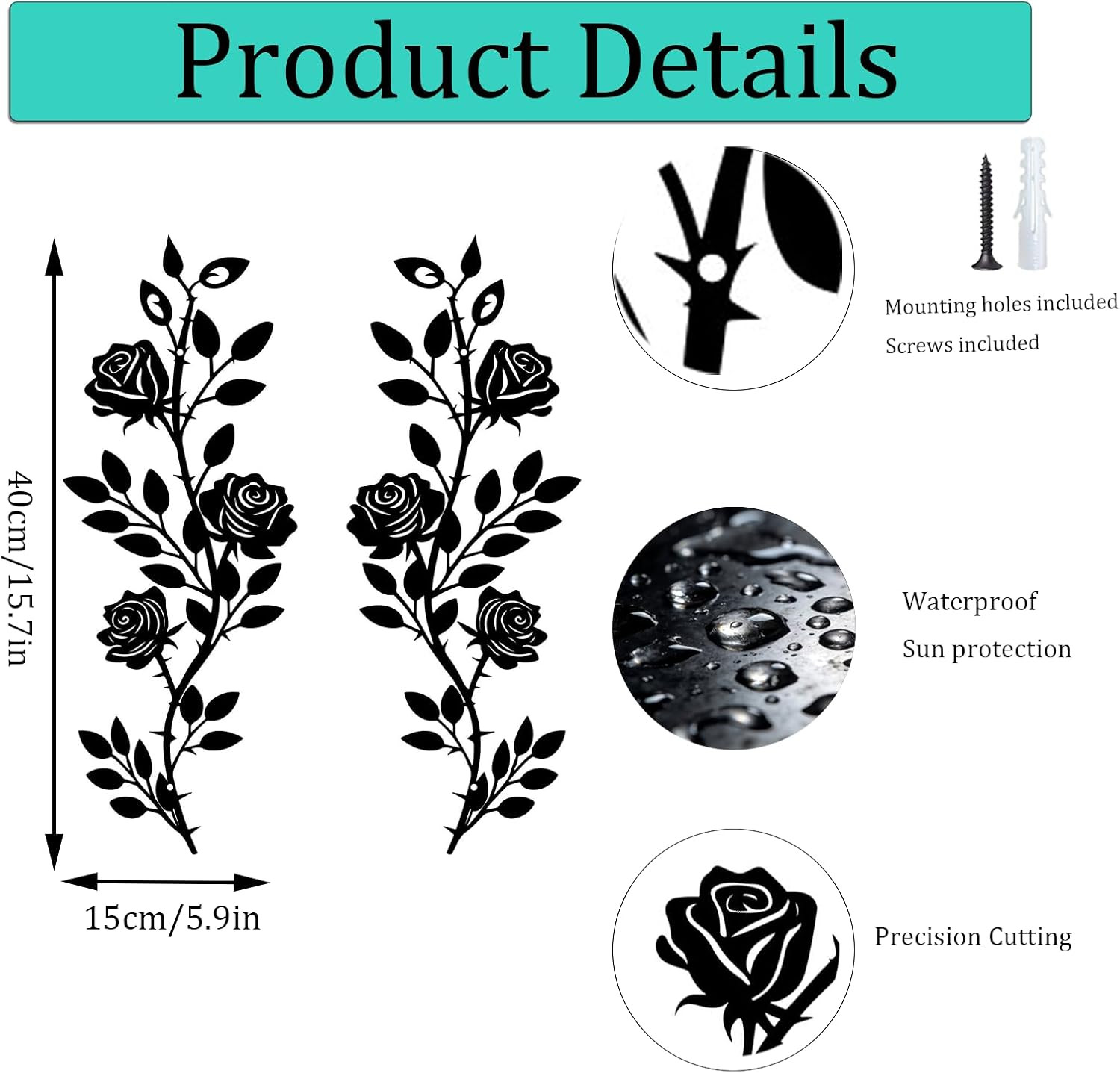 2Pcs Metal Rose Floral Wall Decor Art , Rustic Wrought Iron Plant