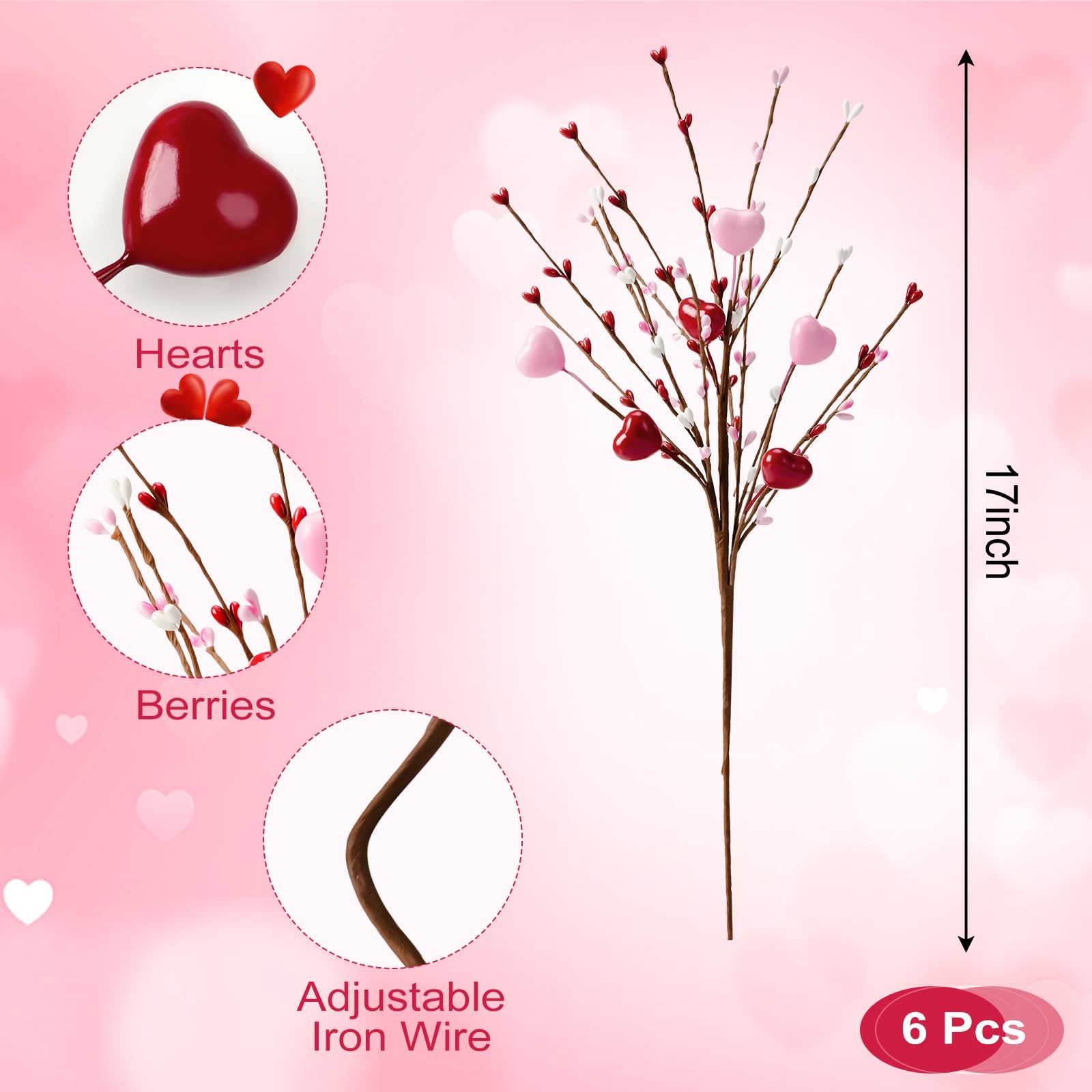 6 PCS Valentine Decor Red Pink White Heart Shaped Berry Picks 17 Inch Flowers