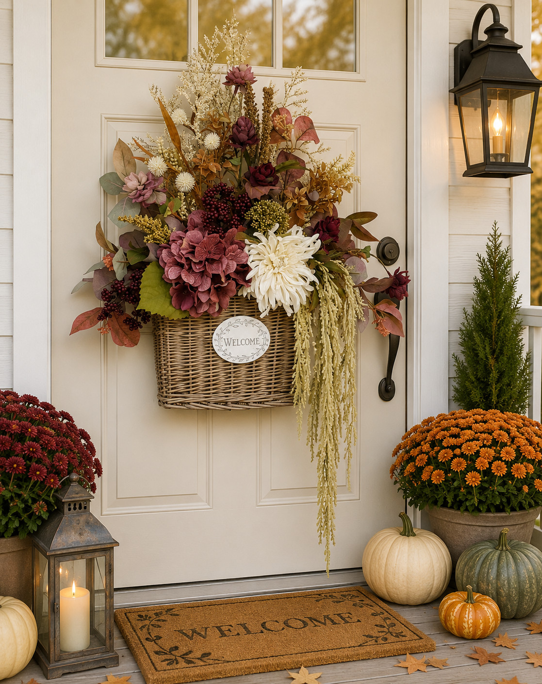 24″ Fall Wicker Wall Basket, Burgundy Cream Silk Floral Arrangement Autumn Porch