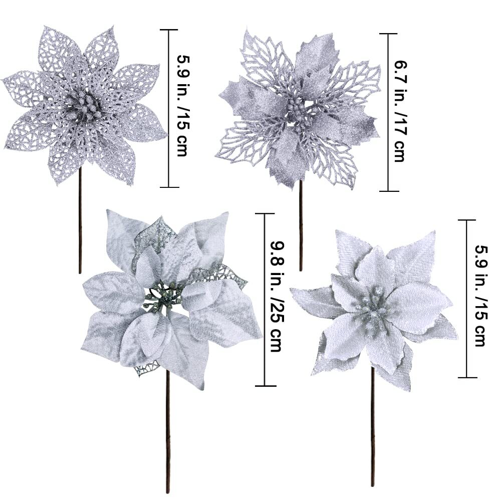 24 Pcs 4 Styles Christmas Silver Metallic Mesh Glitter Artificial Poinsettia Flo