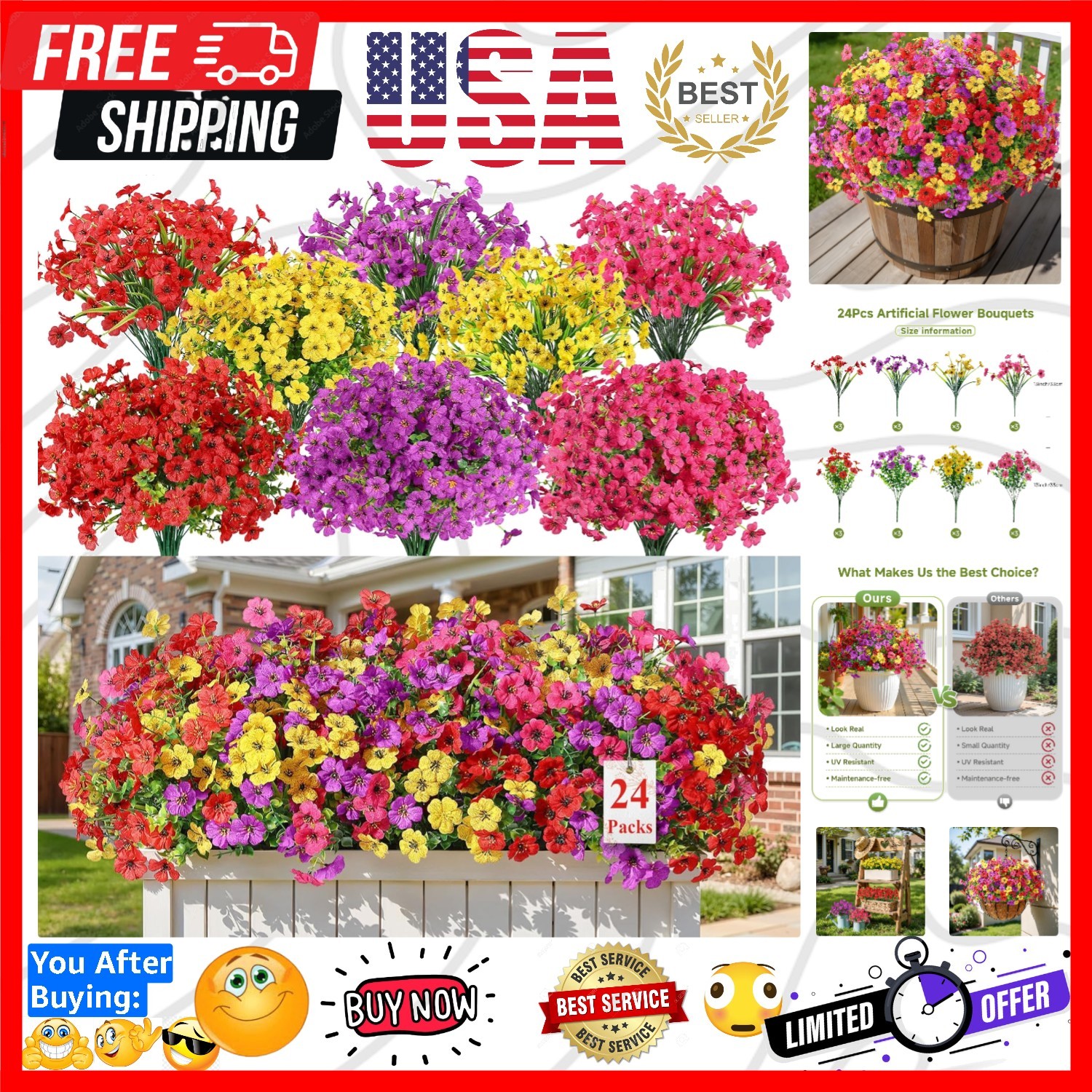 24 Bundles Artificial Daisy Flowers UV Resistant for Outdoor Decor | Silk & P…