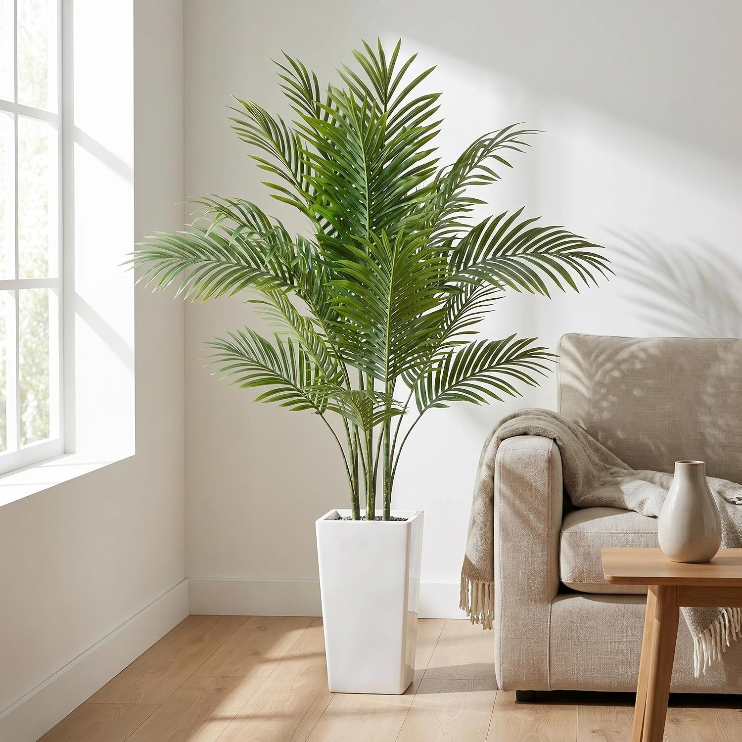 4.8FT Artificial Palm Tree with White Planter – Lifelike Indoor Tropical Decor