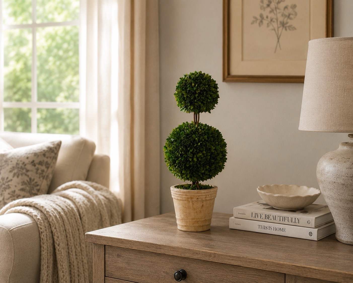 2.5’ Preserved Boxwood Double Ball Topiary Tree UV Indoor/Outdoor. Retail $145