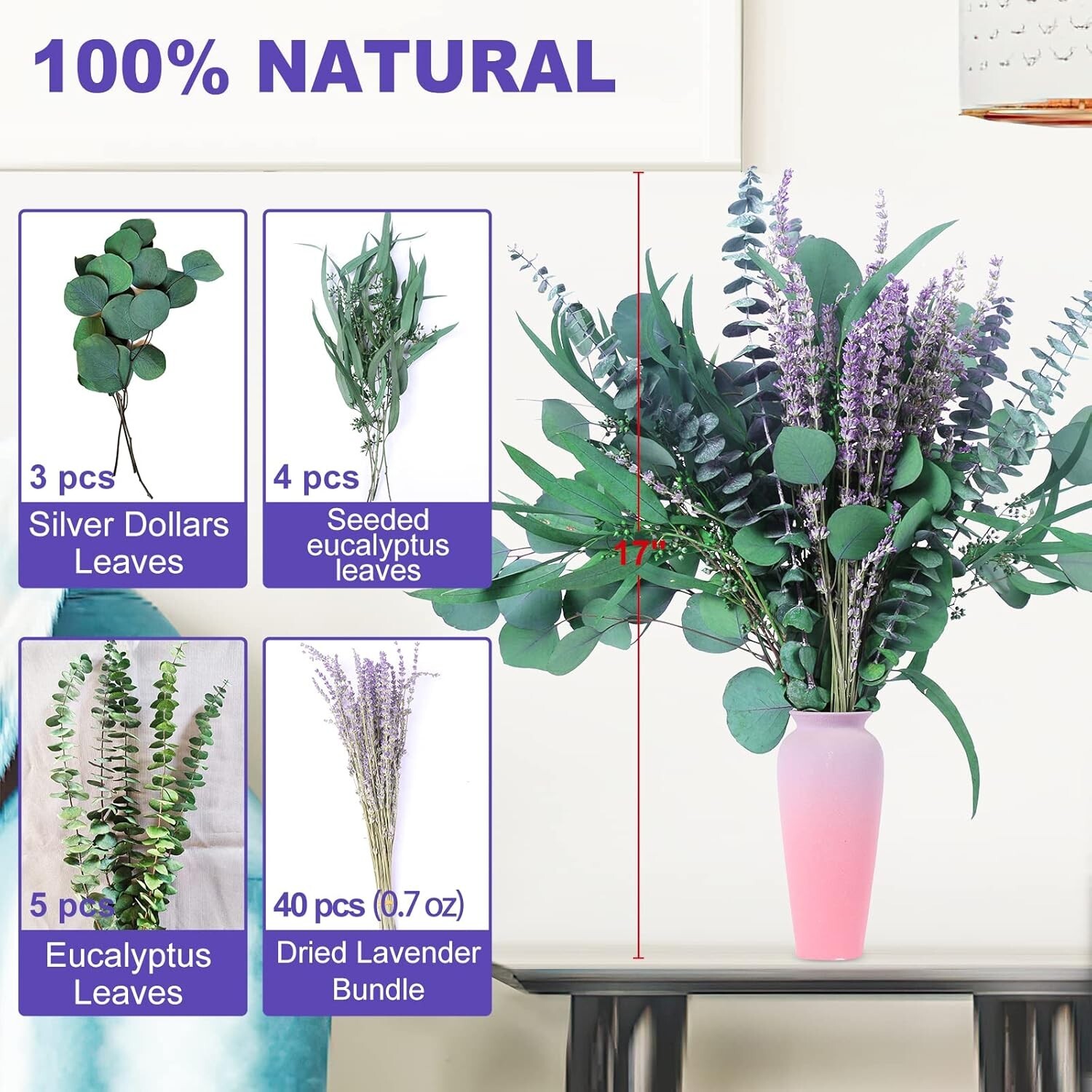 52PCS Dried Eucalyptus & Lavender Shower Bundle, 17″ Natural Aromatic Decor