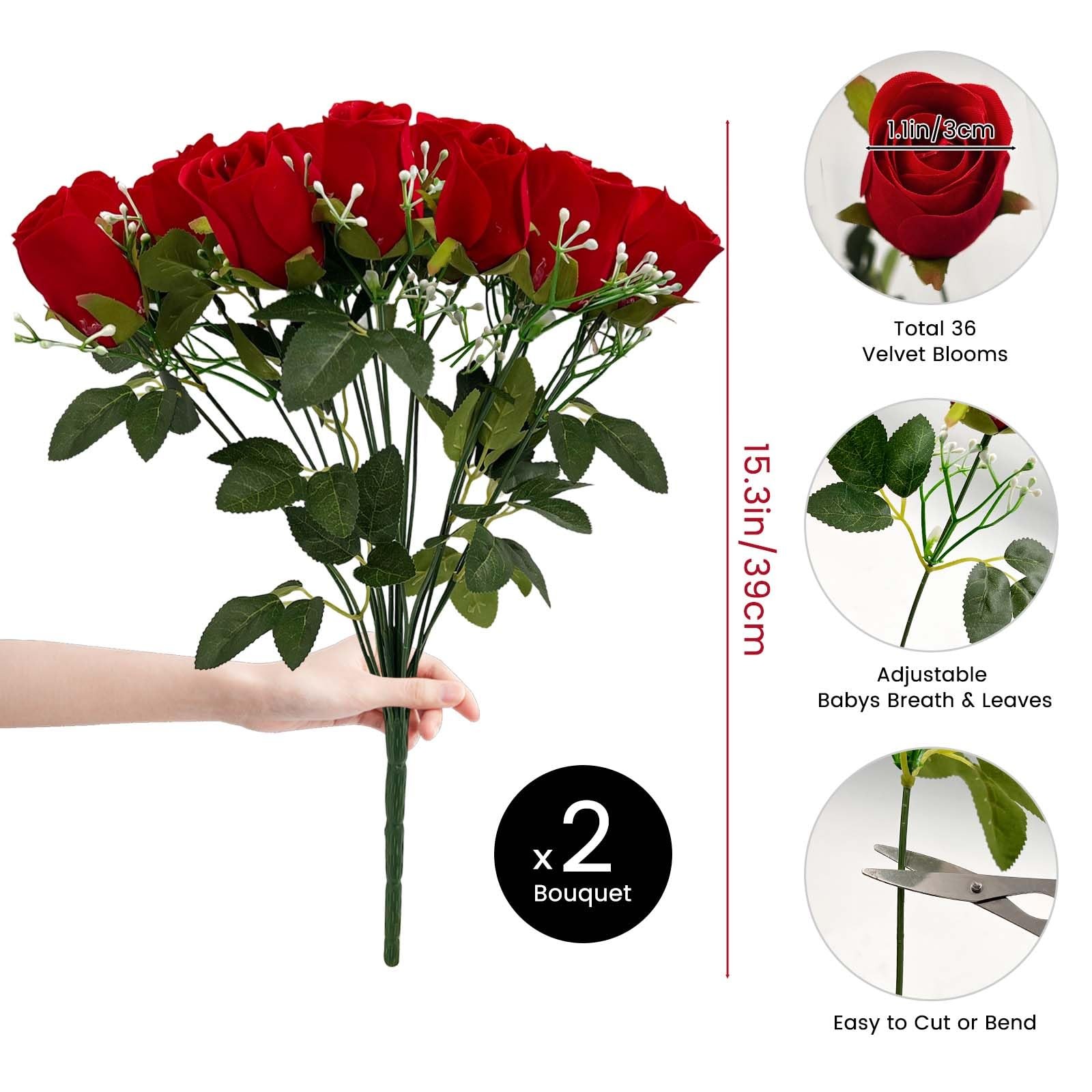 36 Blooms Velvet Artificial Roses, 2 Bouquets Red Roses Faux Silk Flowers for…