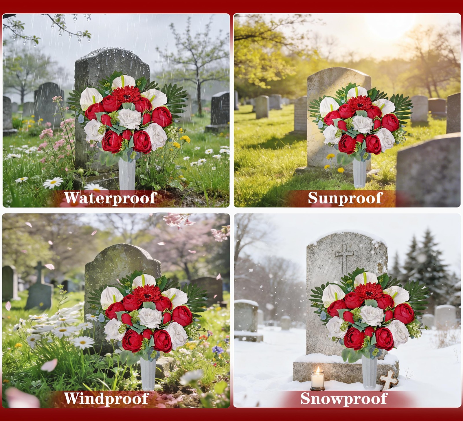 Artificial Cemetery Flowers Grave Memorial Bouquet Red Camellia White Rose Vase