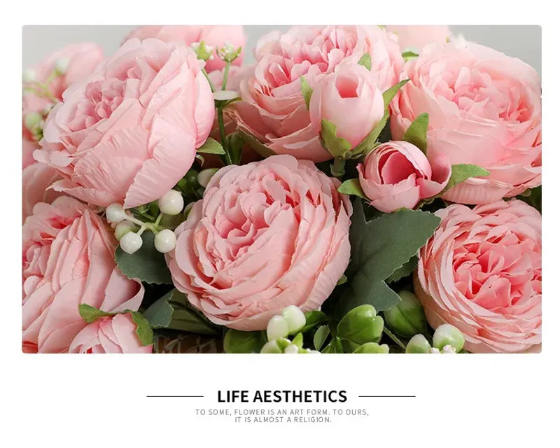 30cm Rose Pink Silk Peony Artificial Flowers Bouquet 5 Big Head and 4 Bud Cheap