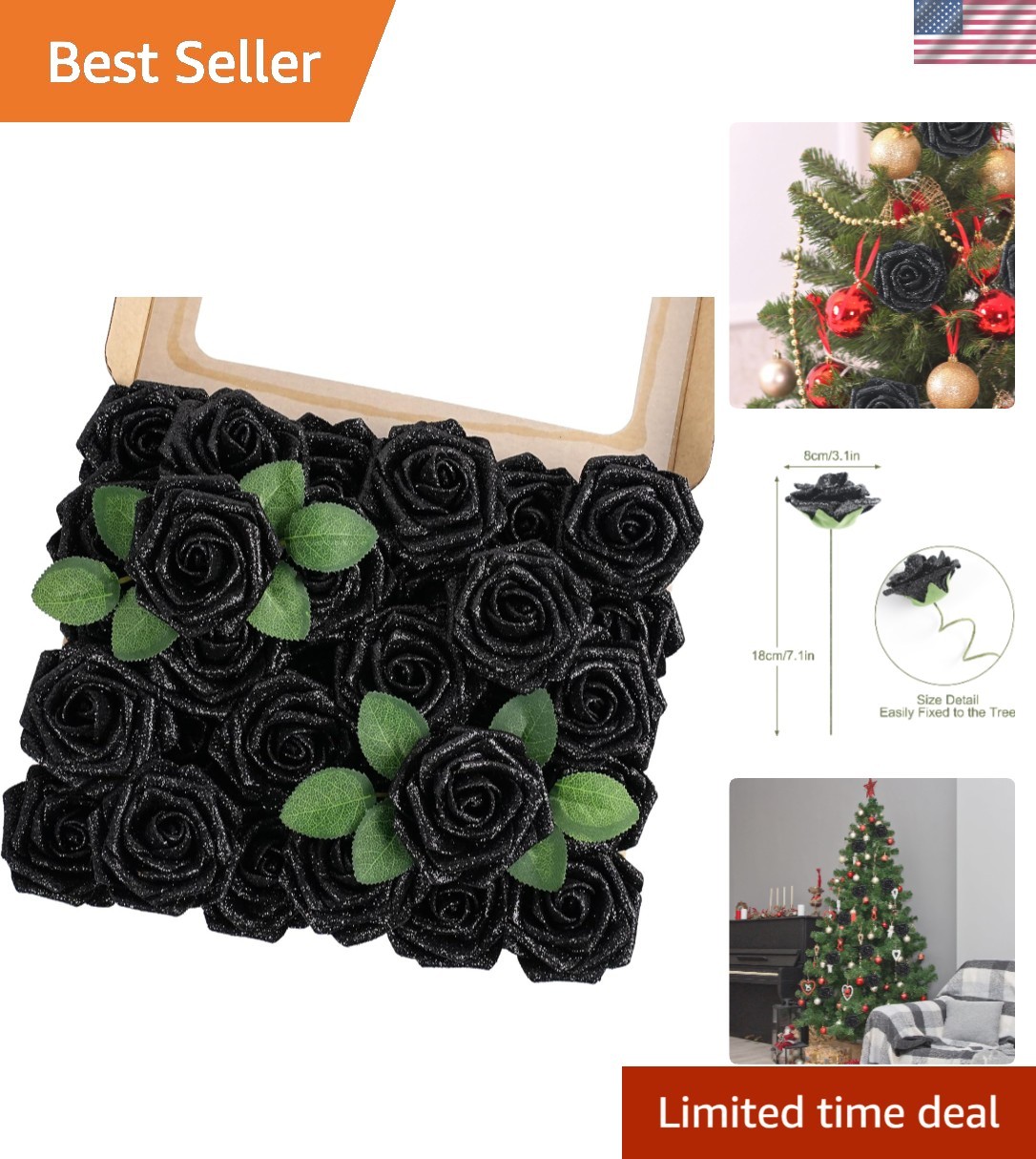 30PCS Black Glitter Foam Roses – Versatile Home and Wedding Floral Decor