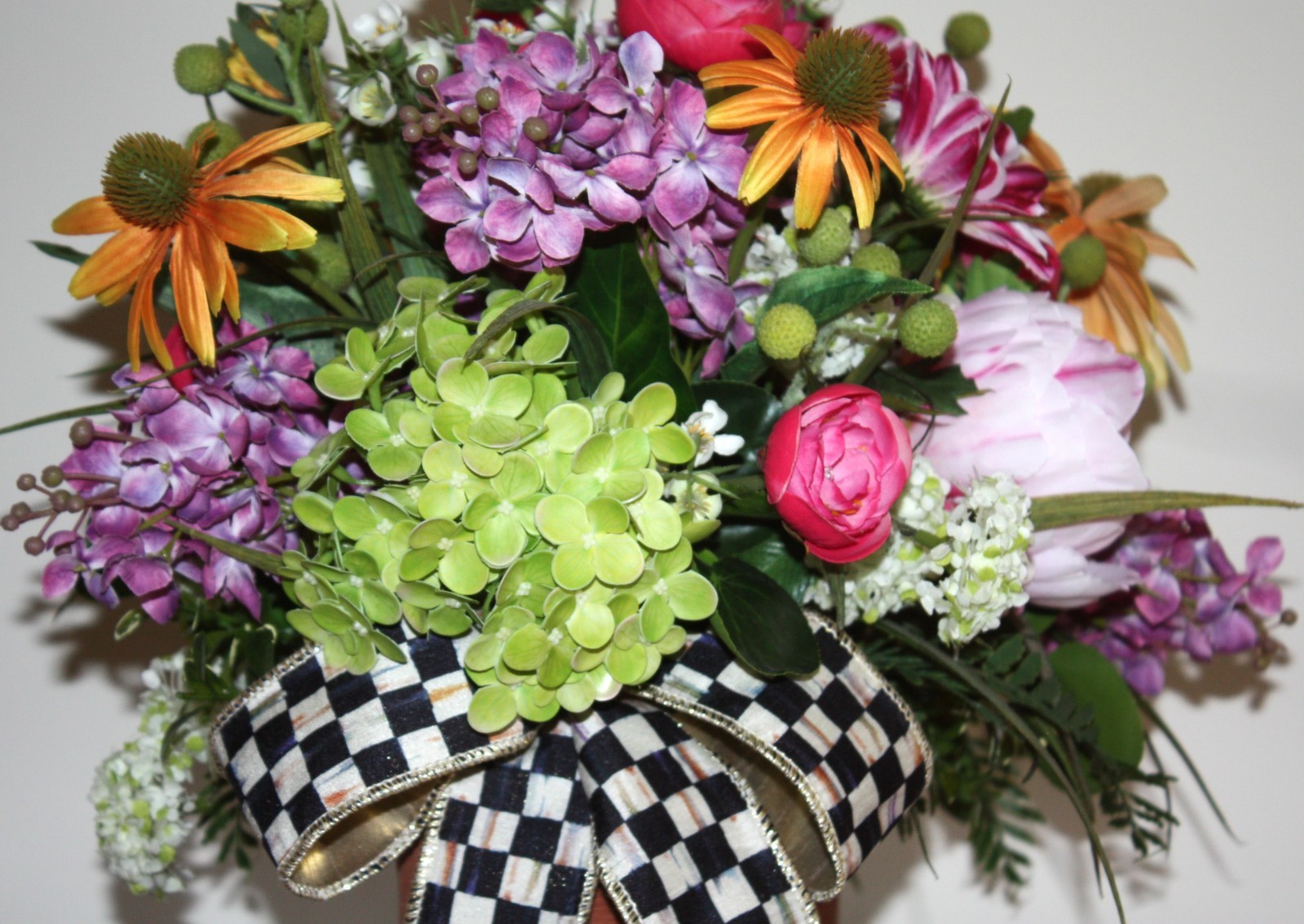 Beautiful Floral Arrangement In Terracotta Planter With Mackenzie Childs Bow!