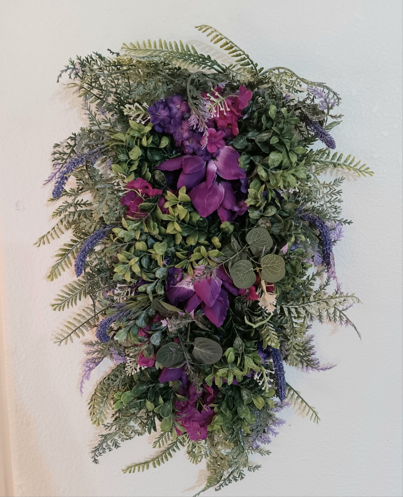 Easter Decor/ Mother’s Day Gift. Faux Purple Flowers On A Bed Of Fern, 18″×14″