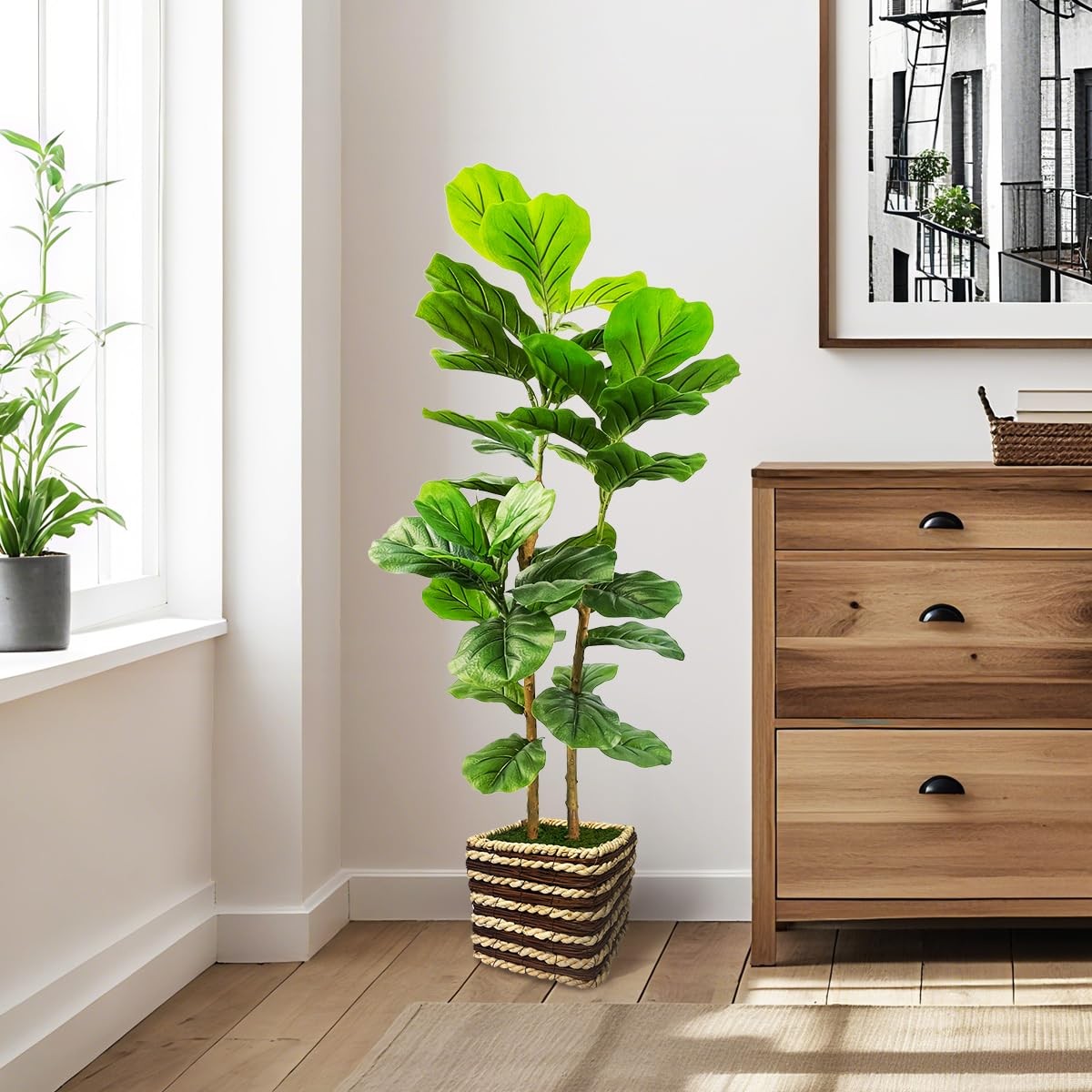 48 Inch Artificial Fiddle Leaf Fig Tree Indoor with Woven Basket – 4ft Tall F…
