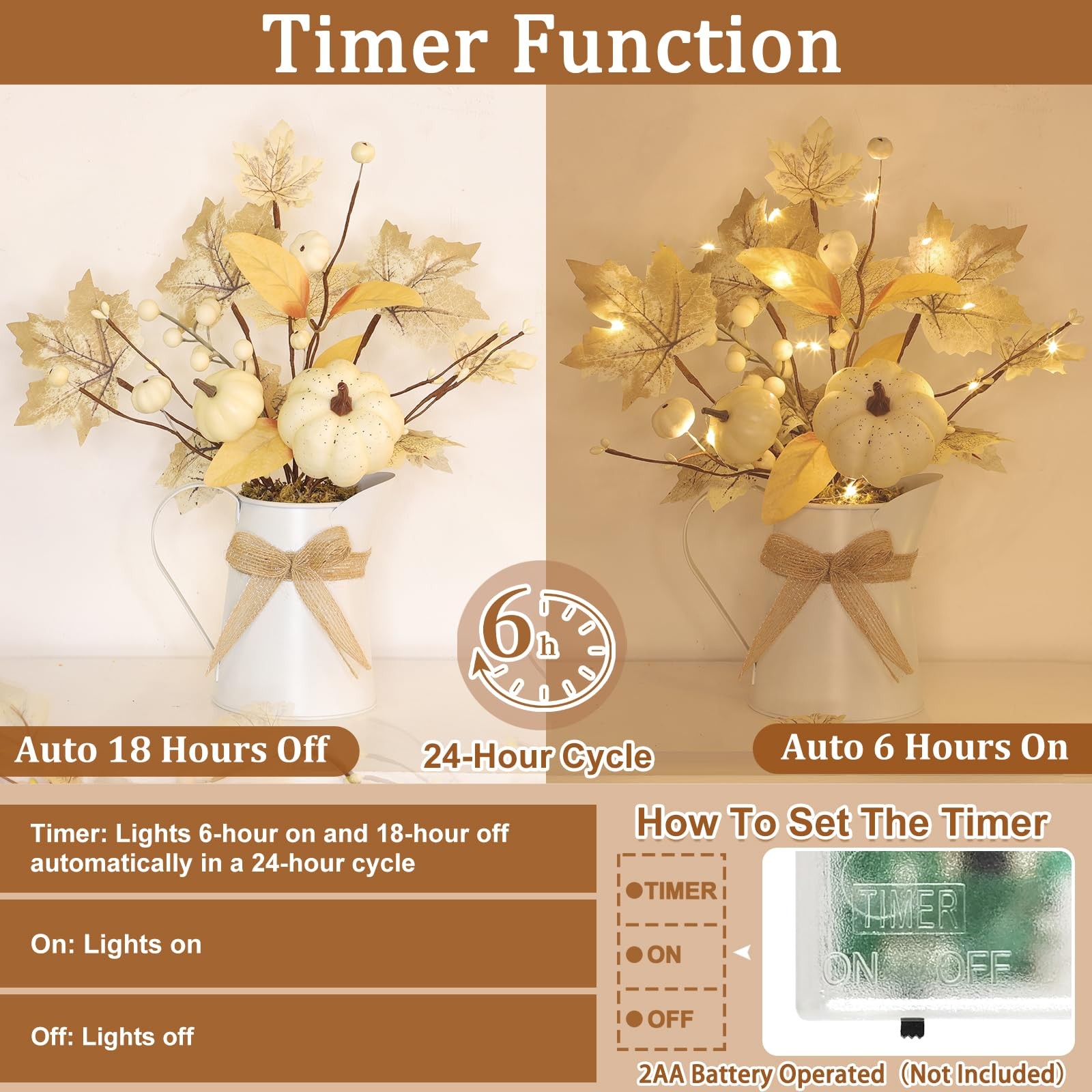 [Light & Timer] Fall Decor Table Centerpiece Potted White Maple Arrangement i…