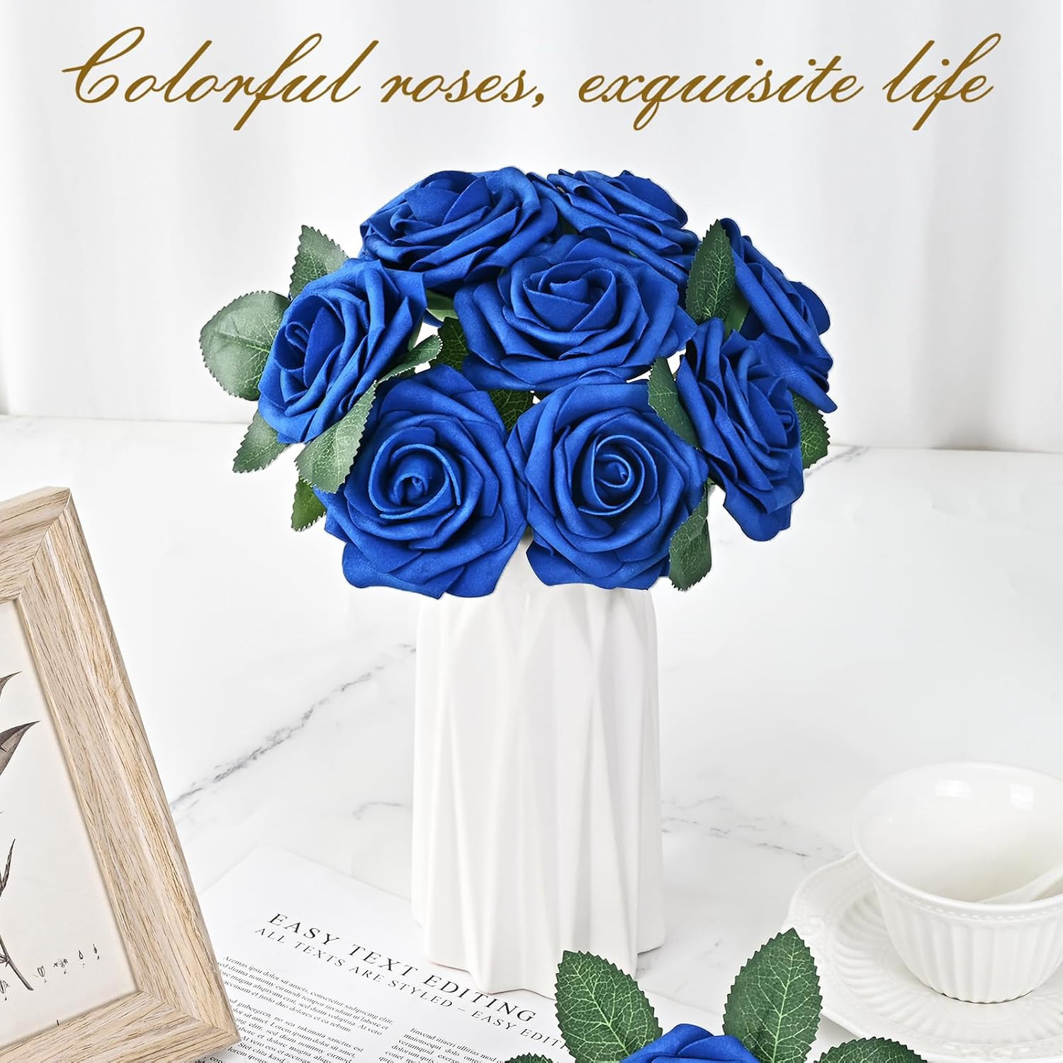 16Pcs Artificial Flowers Fake Roses with Stems, Royal Blue Boxed Foam Roses f…