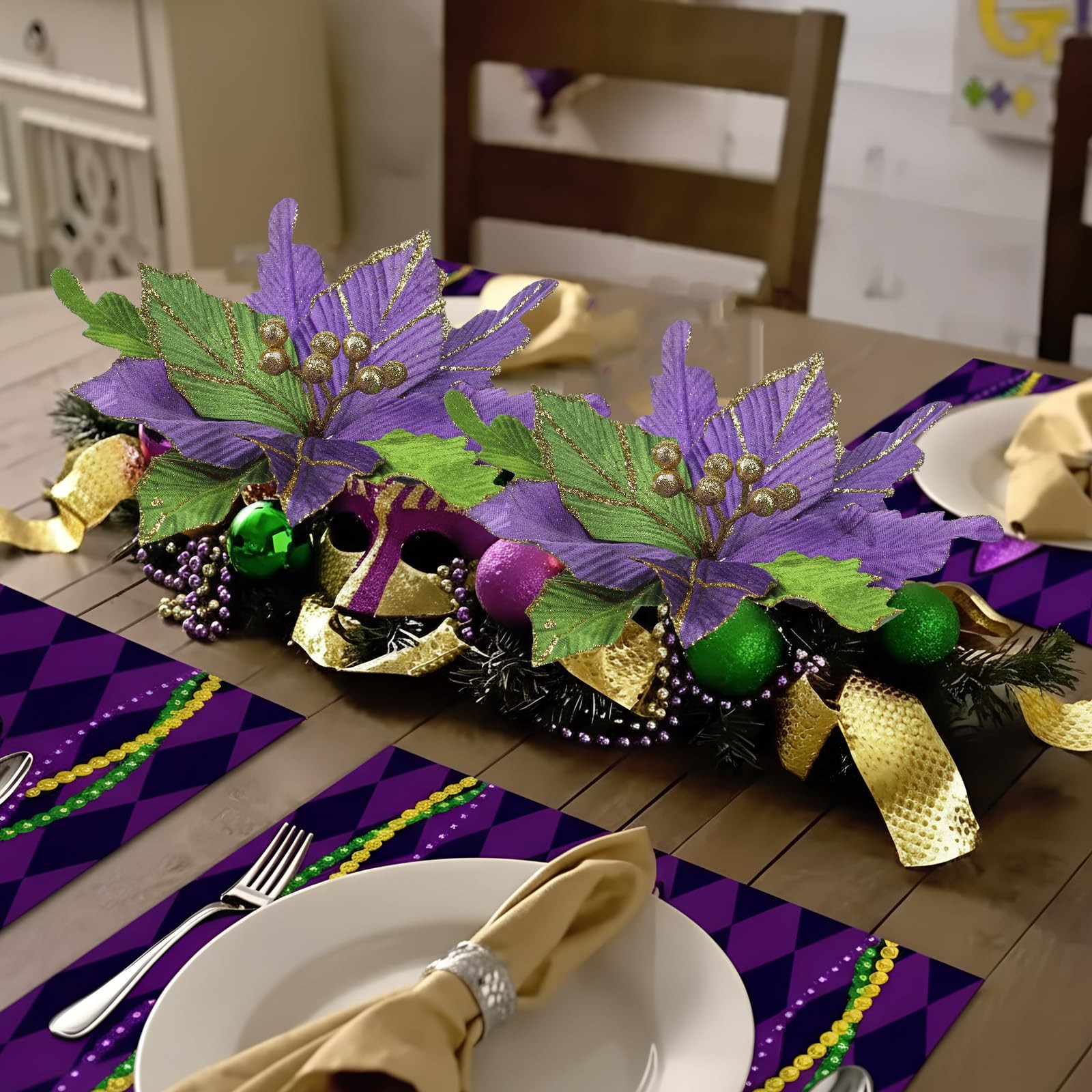 6 Pcs 10” Mardi Gras Poinsettia Flower Large Flowers Glitter Artificial Tree…
