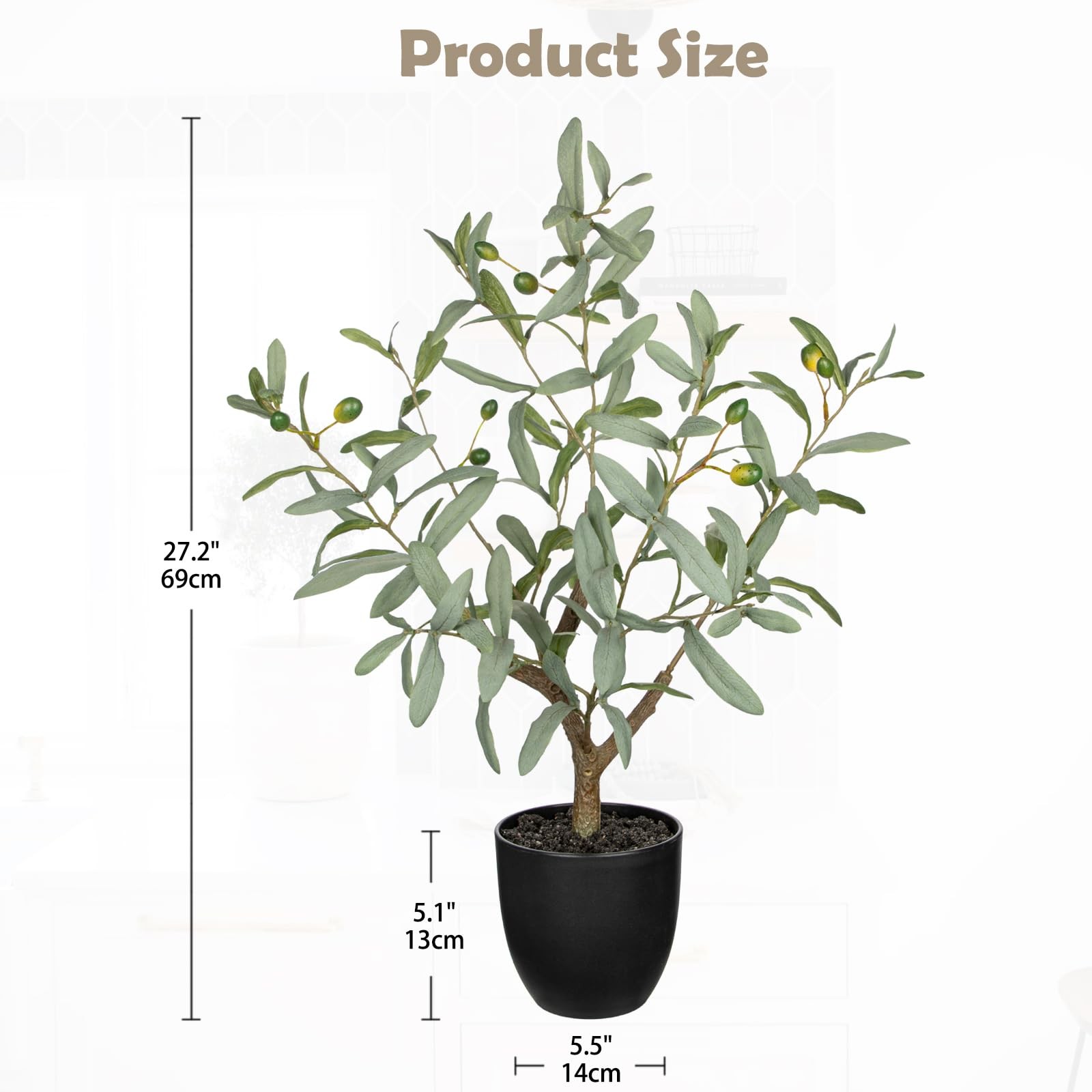 27.2 Inch Artificial Indoor Fake Olive Tree Black Pot Small Faux Plant