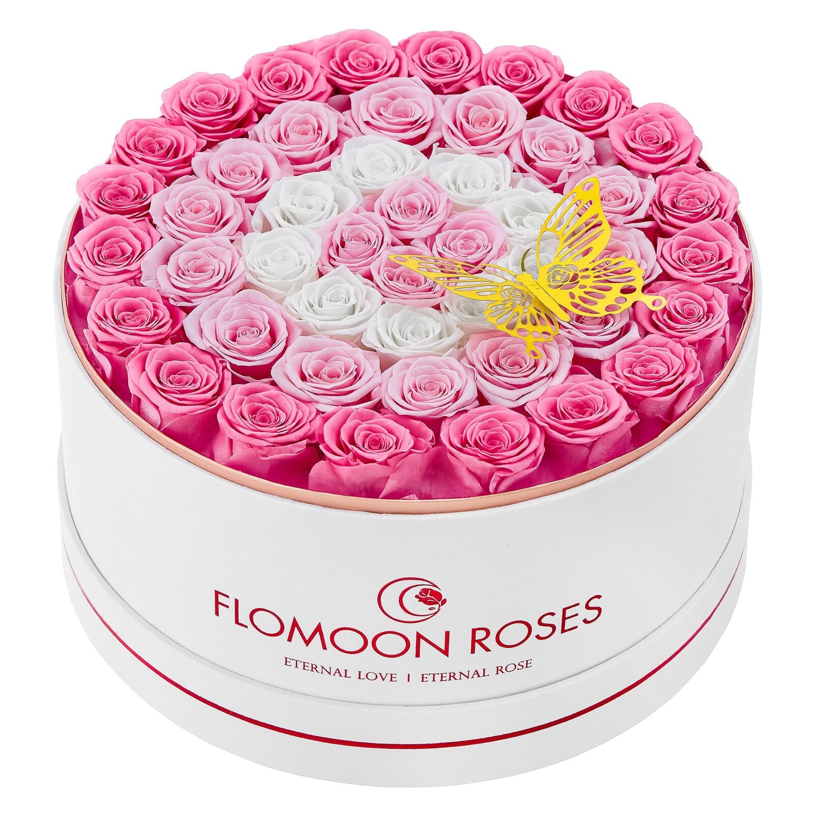 Forever Real Roses Gift Box 47 Preserved Roses in White Round Velvet Box Flow…
