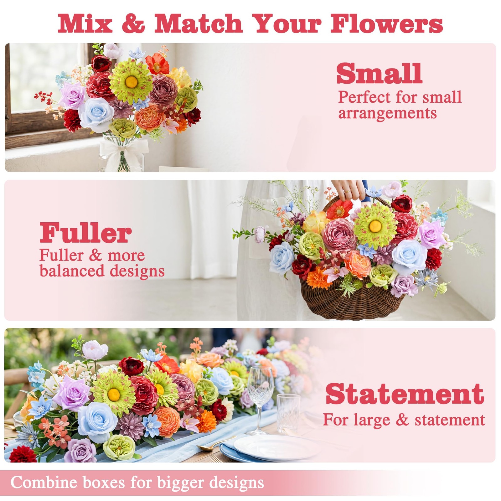 Artificial Flowers Combo Box, 38PCS Fake Flowers, Silk Flower Mix with Wire S…