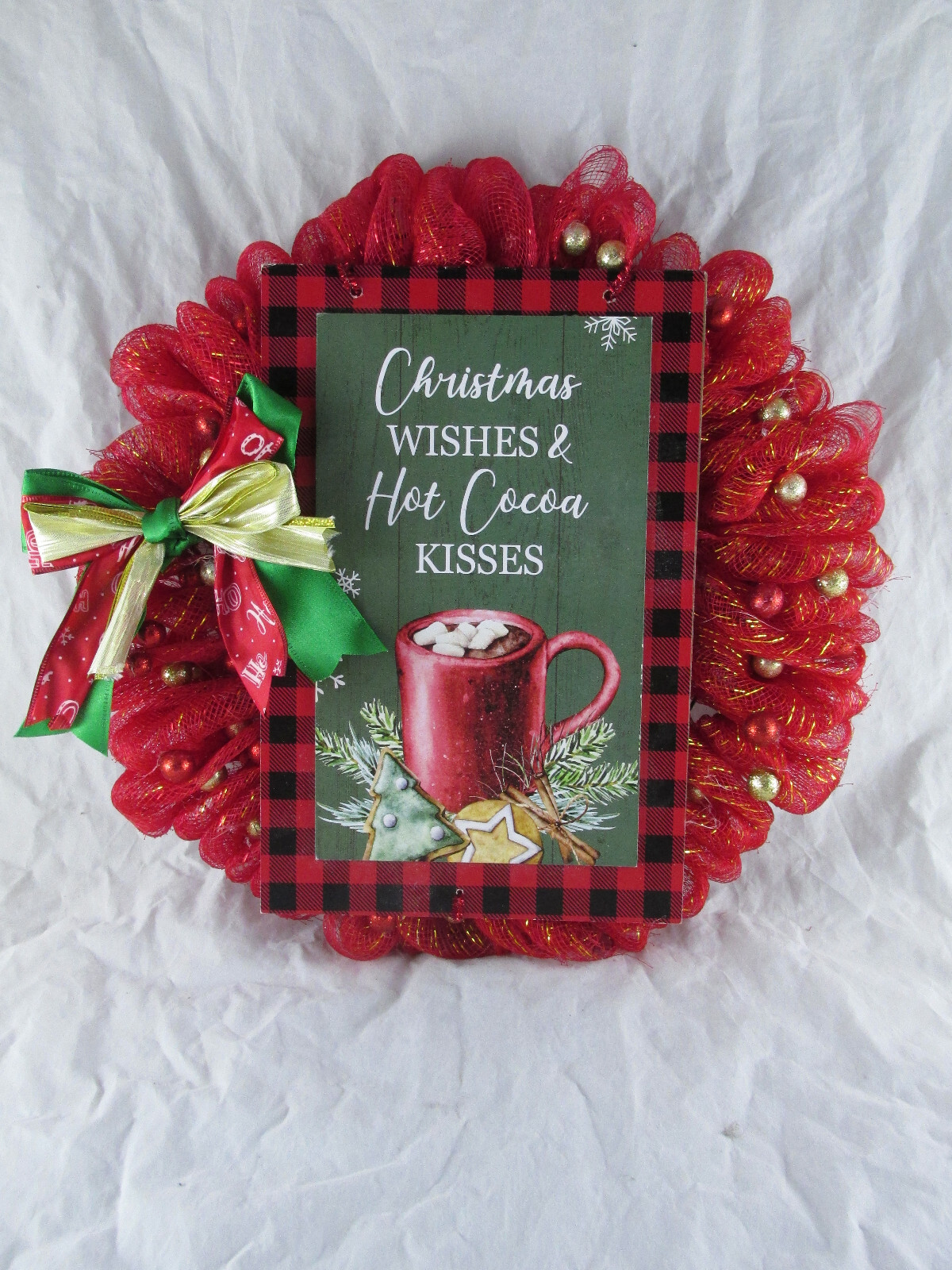 Red and Gold Poof Deco Mesh Ribbon Wreath