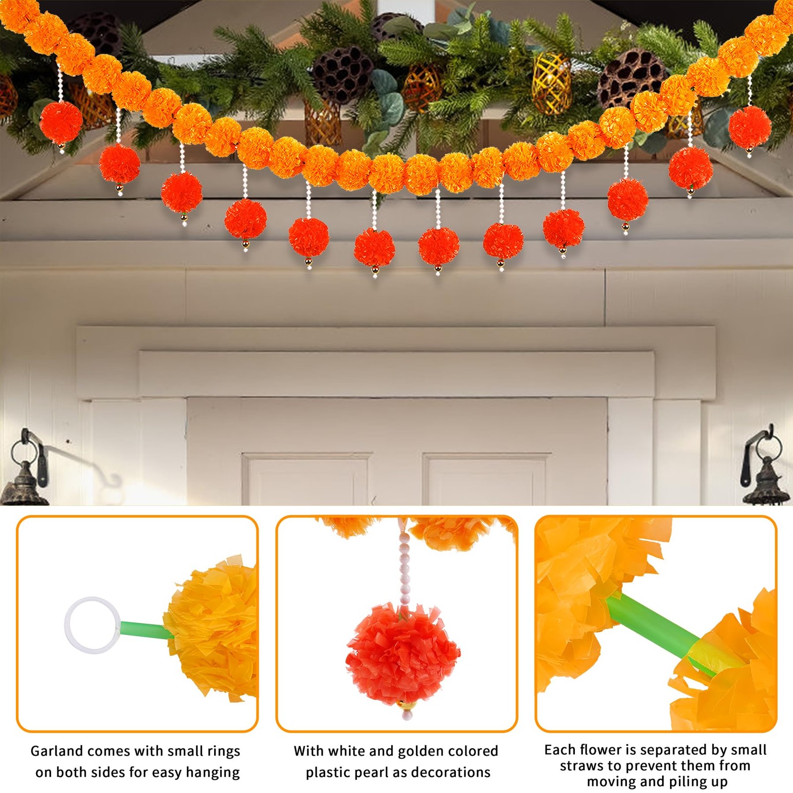 Diwali Artificial Marigold Garland with Pearls for Mantel, Pendant for Home I…
