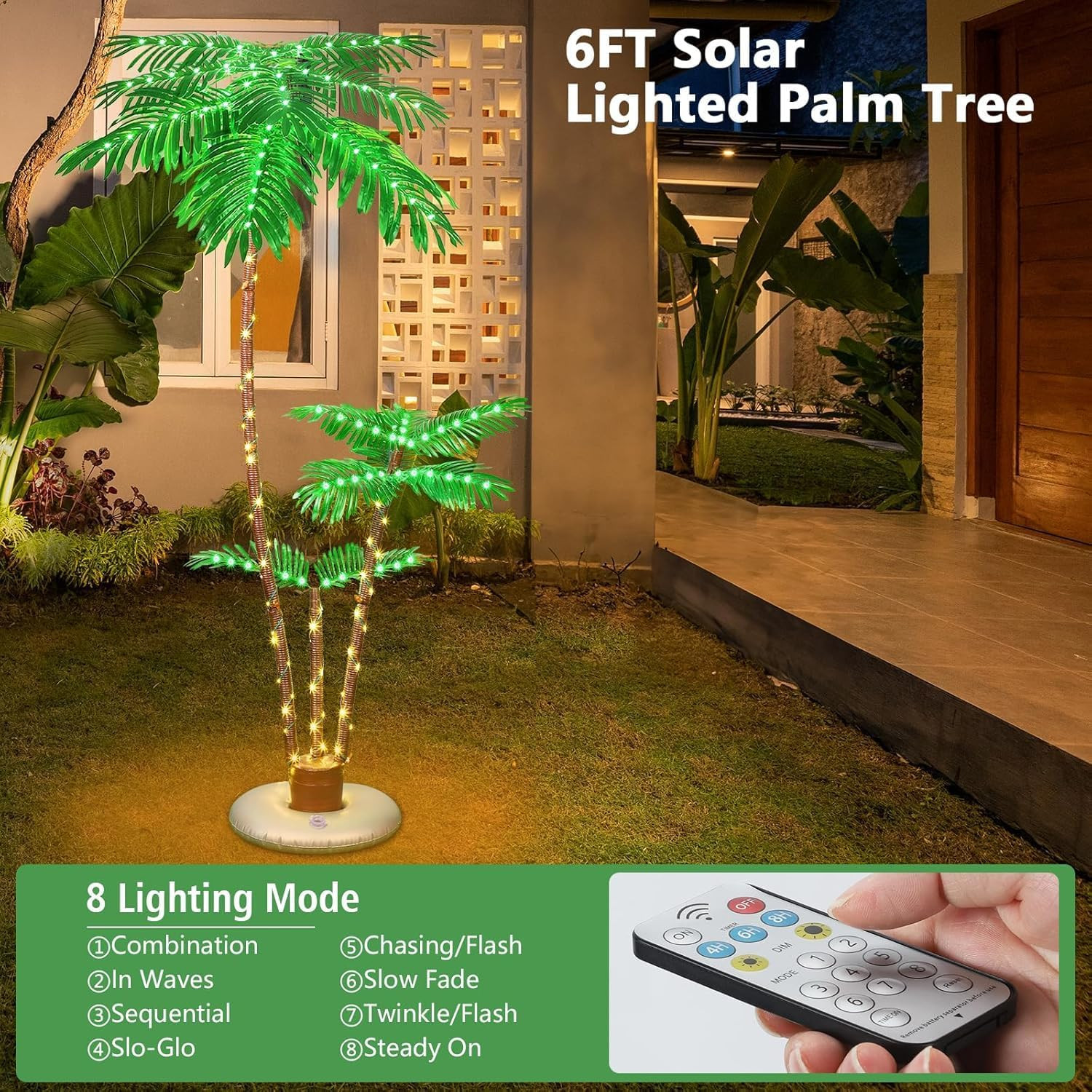6FT Triple Trunk Solar Palm Tree IP65 Waterproof Artificial Lighted Tree with Re