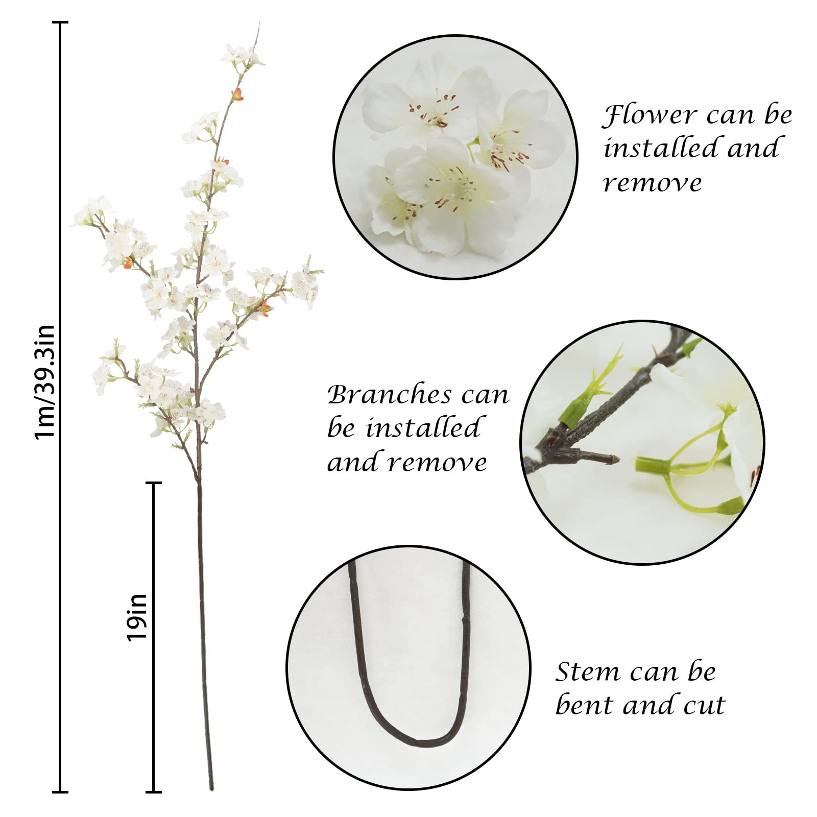 4pcs Artificial Cherry Blossom Flower Branches, 39.4″ Fake Silk Pink Cherry B…