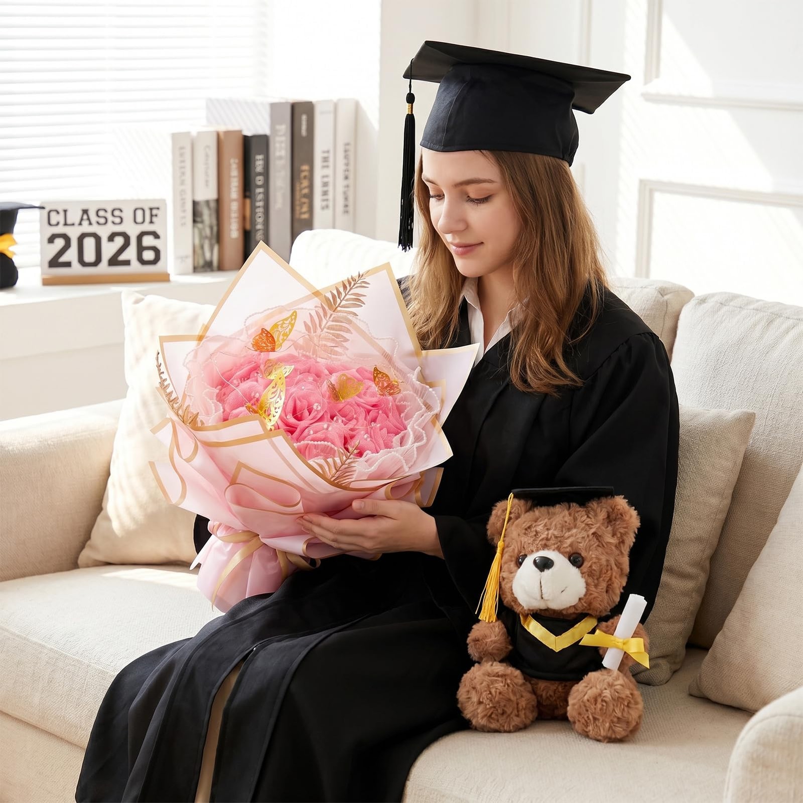 Graduation Flower Bouquet Set DIY Graduation Gifts with Bear Glitter Roses De…