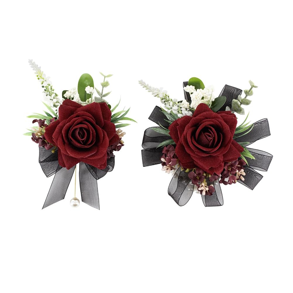 2 PCS Burgundy Black Rose Wrist Corsage Boutonniere Set Wedding Prom Flowers