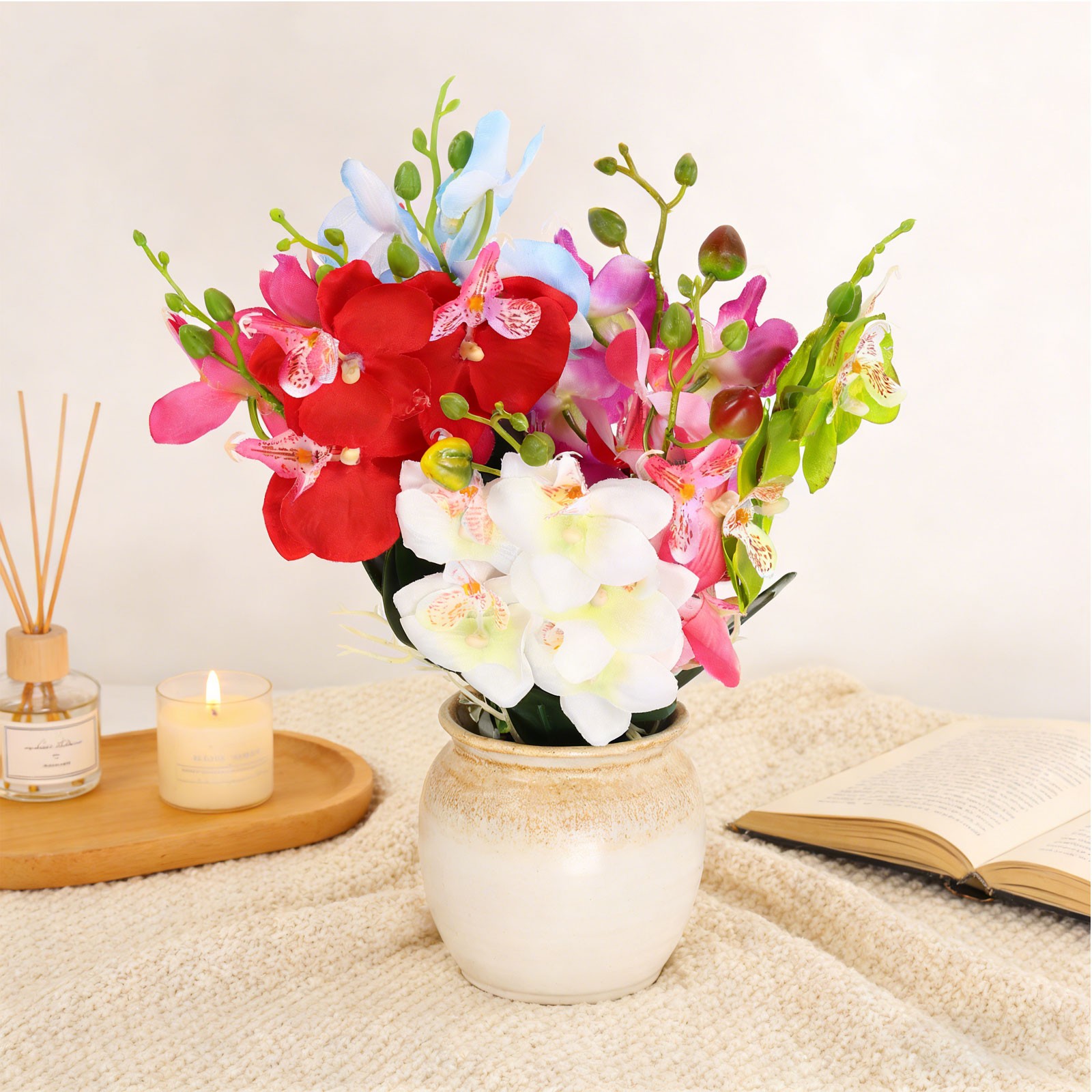 4 Pcs 11 Inch Artificial Phalaenopsis Fake Flowers Real Touch, Red