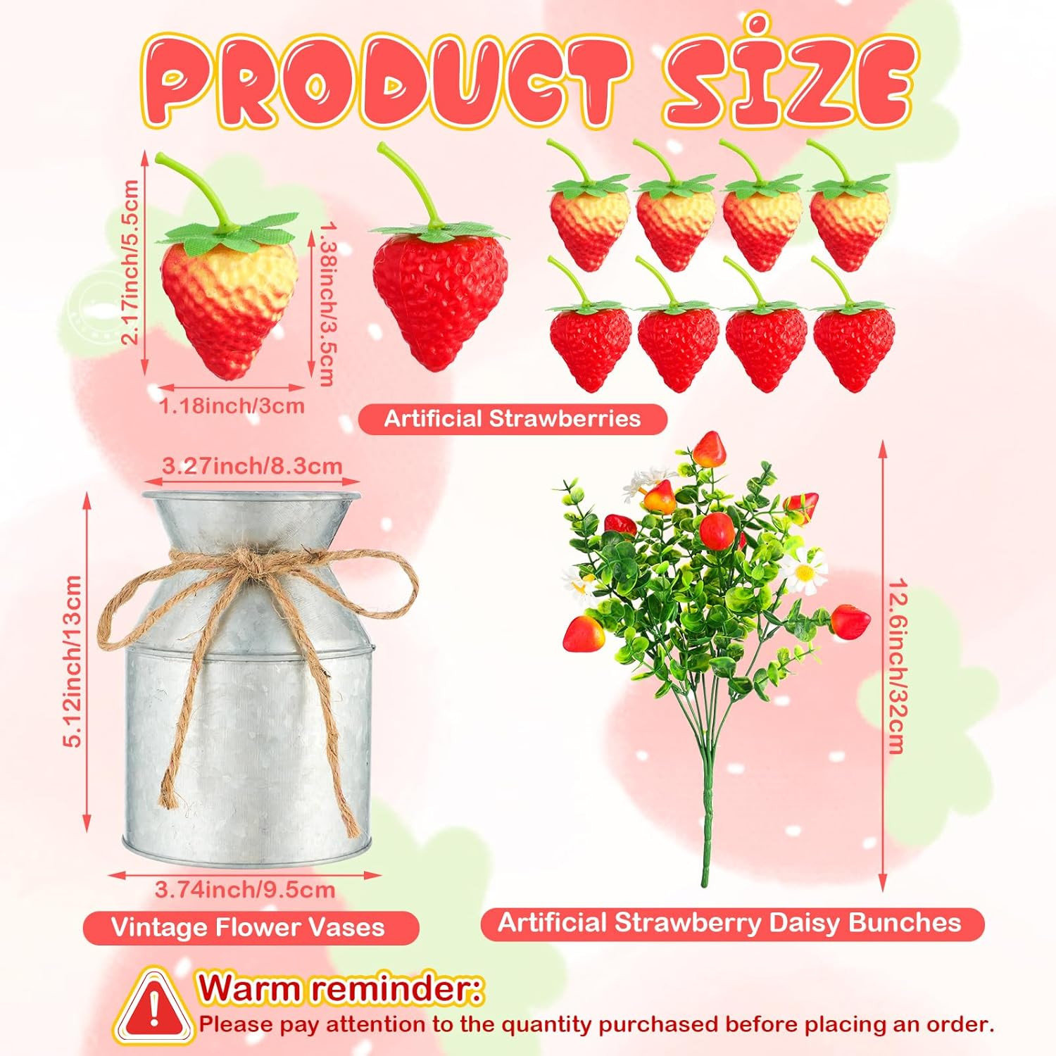 Summer Strawberry Centerpieces – 12 Sets with Vases for Home & Party Decor