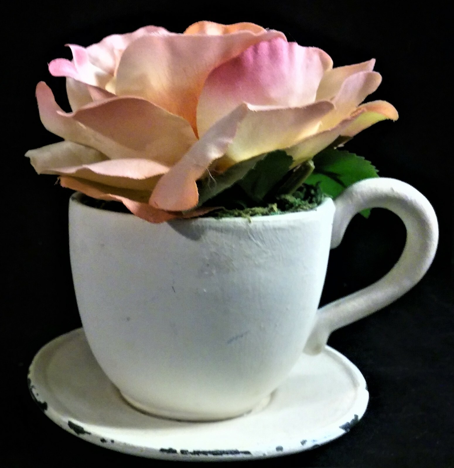 EUC Pink Rose w/Leaves in Distressed White Cup & Saucer, Fuchsia Ribbon, 5″ Tall