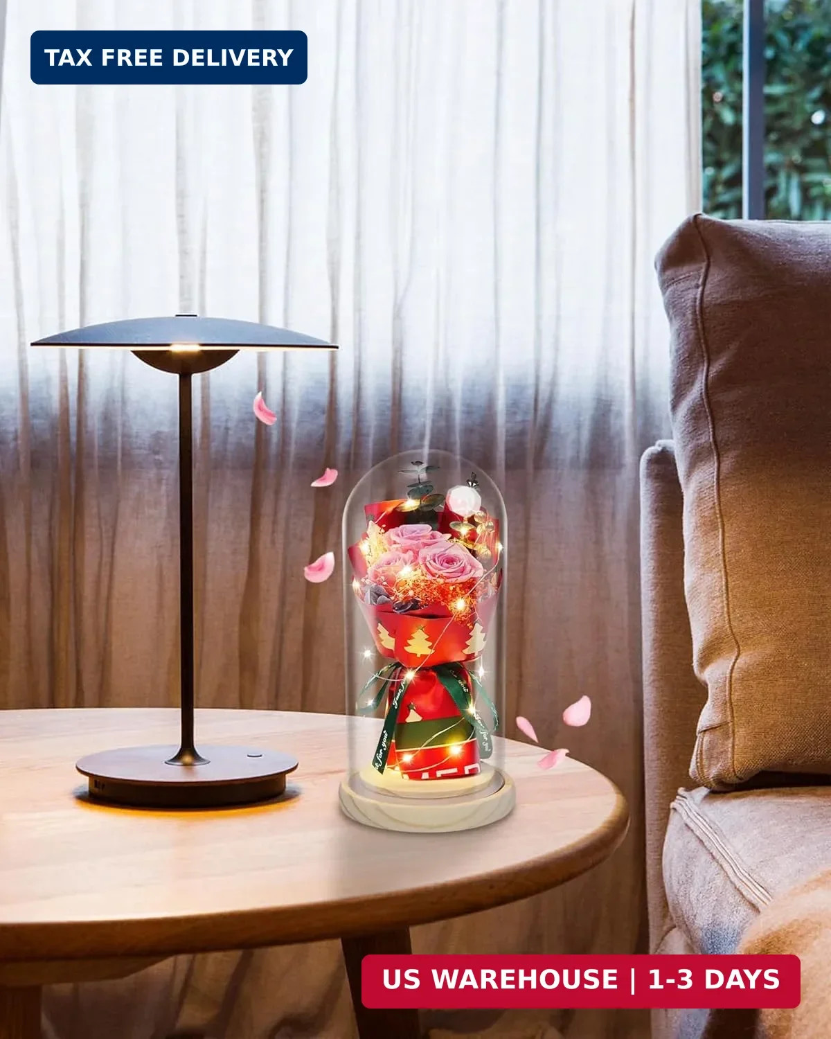 HVY Preserved Flowers in Glass for Her,Pink Real Rose Bouquet with LED Light,Ete