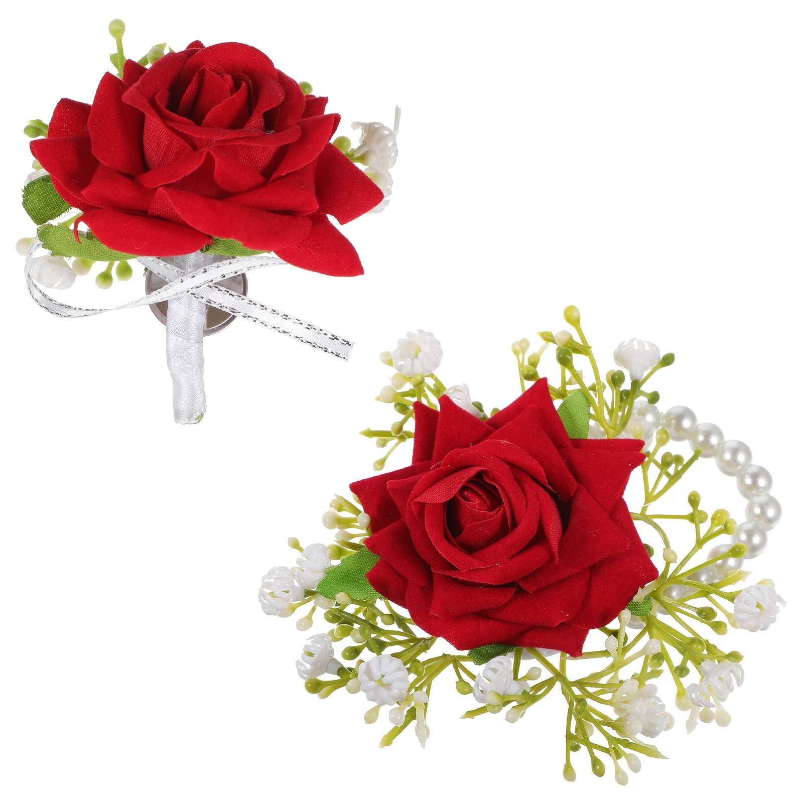 2 PCS Artificial Red Rose Boutonniere Corsage Set Wristlet Band Prom Wedding