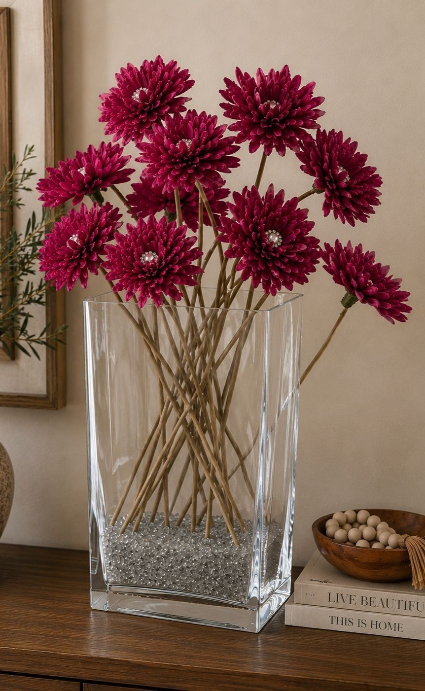 Artificial Pink Daisy Arrangement W/ Filler In Clear Glass Vase 16″Hx8″Lx2.5″W