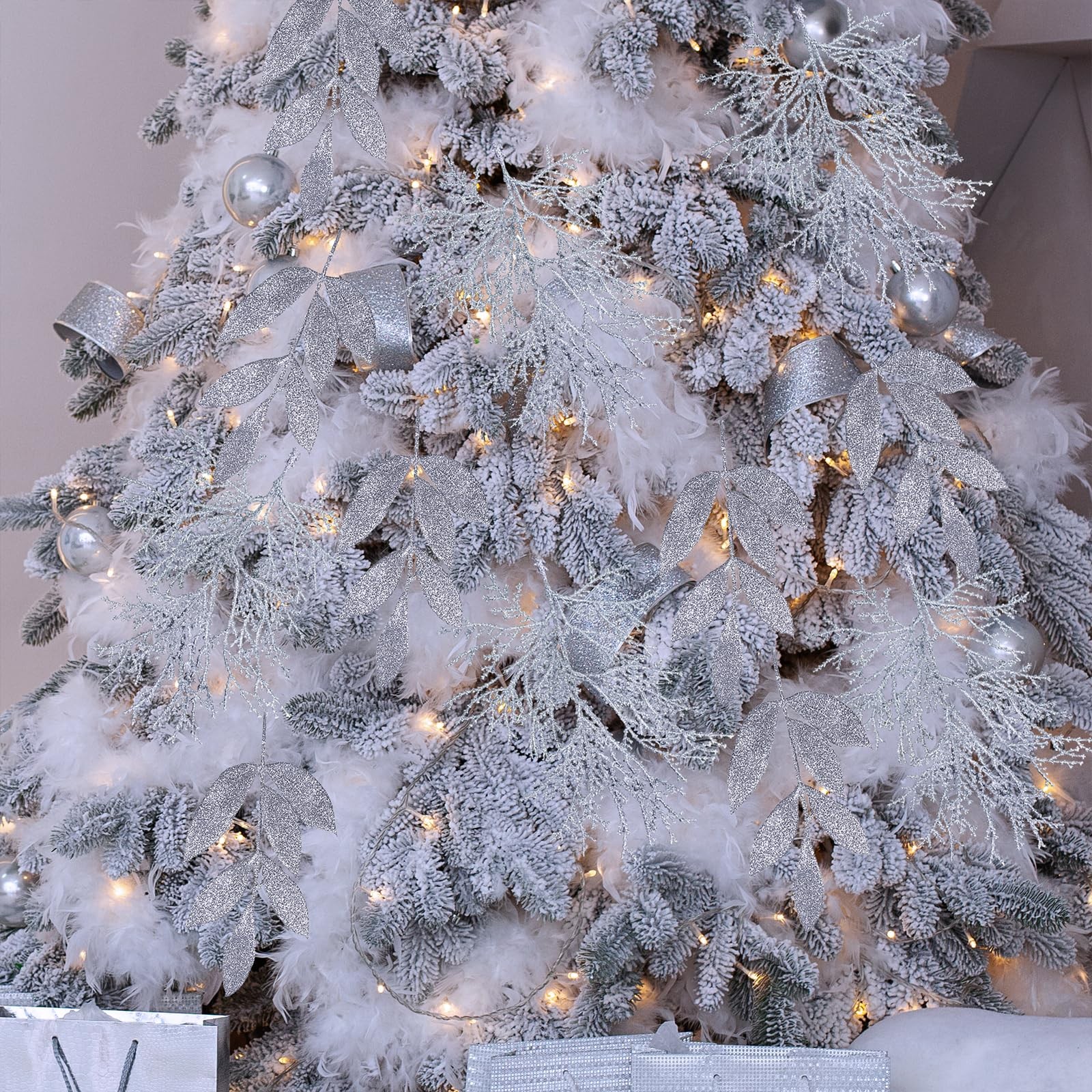30 Pcs Christmas Artificial Leaf Sprays Cedar Picks Silver Glittered Christma…