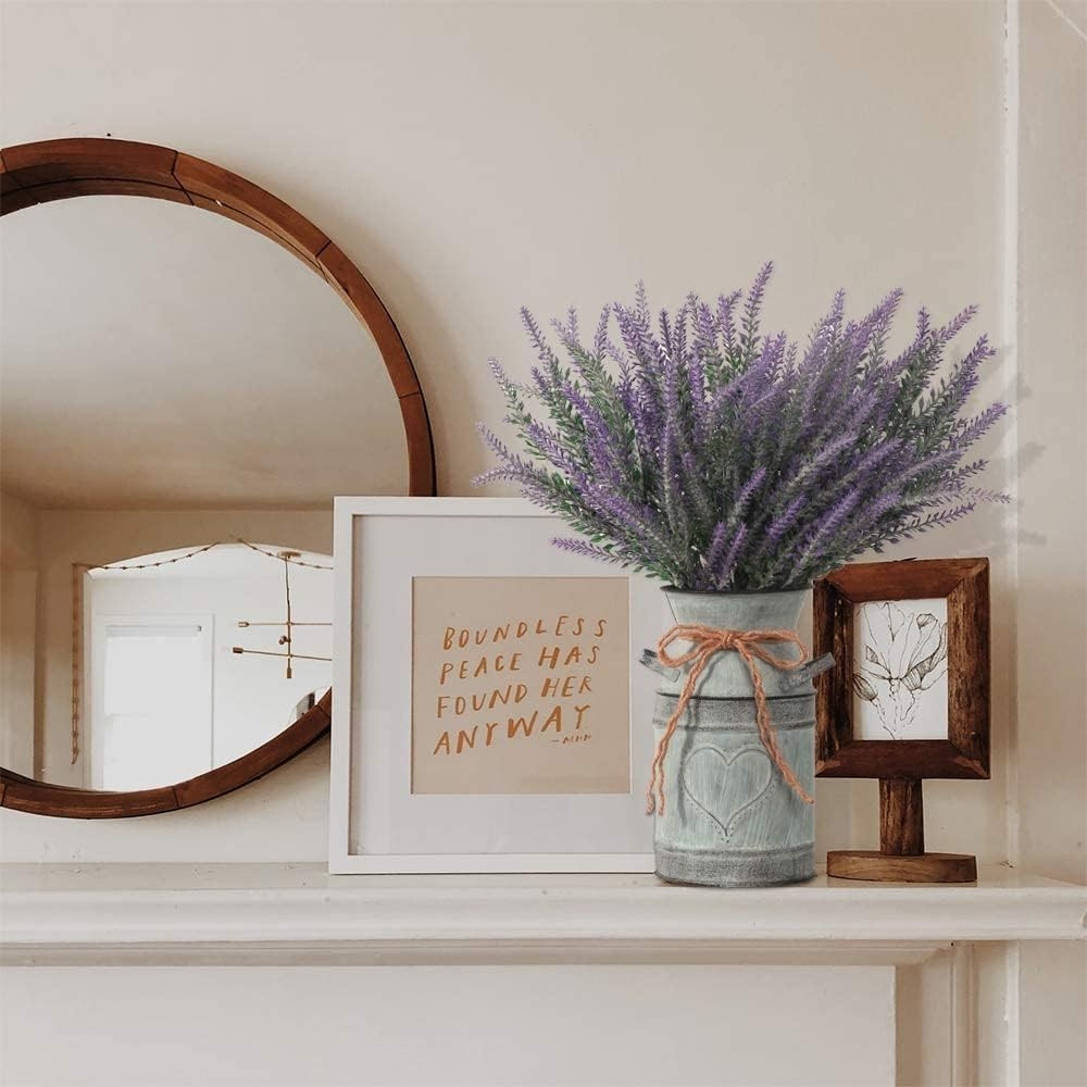 Rustic Artificial Lavender Flowers in Metal Vase for Farmhouse Decor