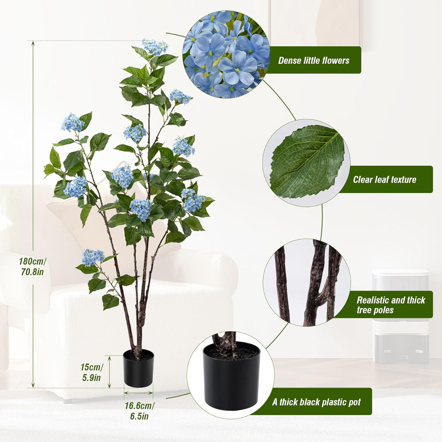 6Ft Blue Fiddle Leaf Fig Tree – Artificial Indoor/Outdoor Hydrangea Decor