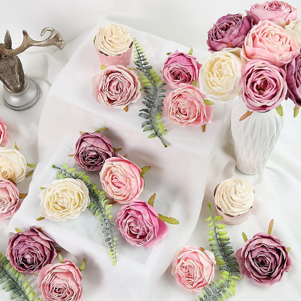 IPOPU Roses Heads Dried Silk Flowers 25PCS Fake Roses Heads for Floral