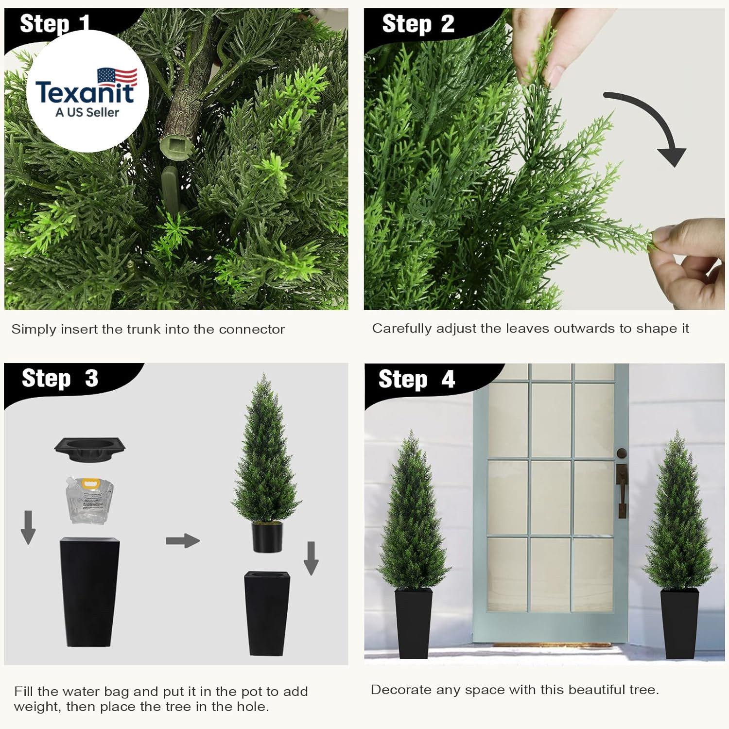 5FT Tall 2 Pack Artificial Cedar Topiary Trees with Compact Pyramidal Shape, Rea