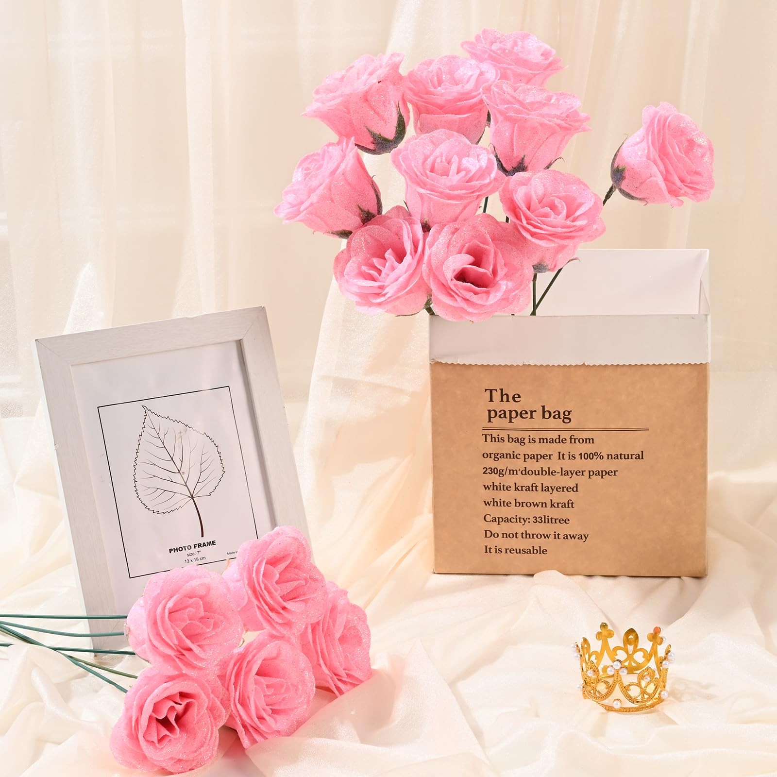 24 Roses Pink Glitter Roses Bouquet DIY Fake Flowers Bouquet Everlasting