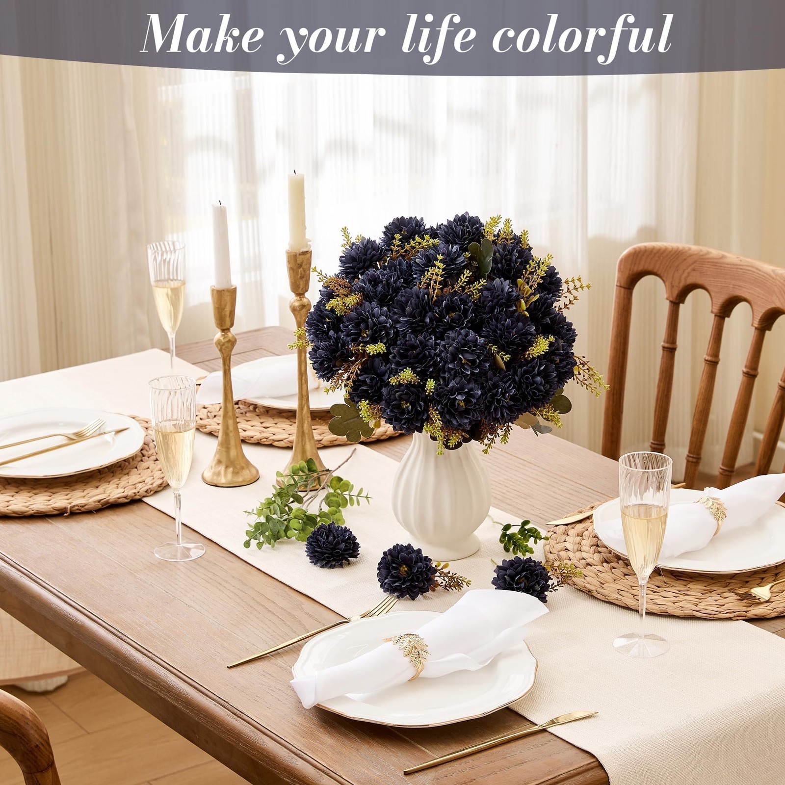 2 PCS 18 Heads Navy Blue Artificial Chrysanthemum Silk Fake Flowers Bouquet