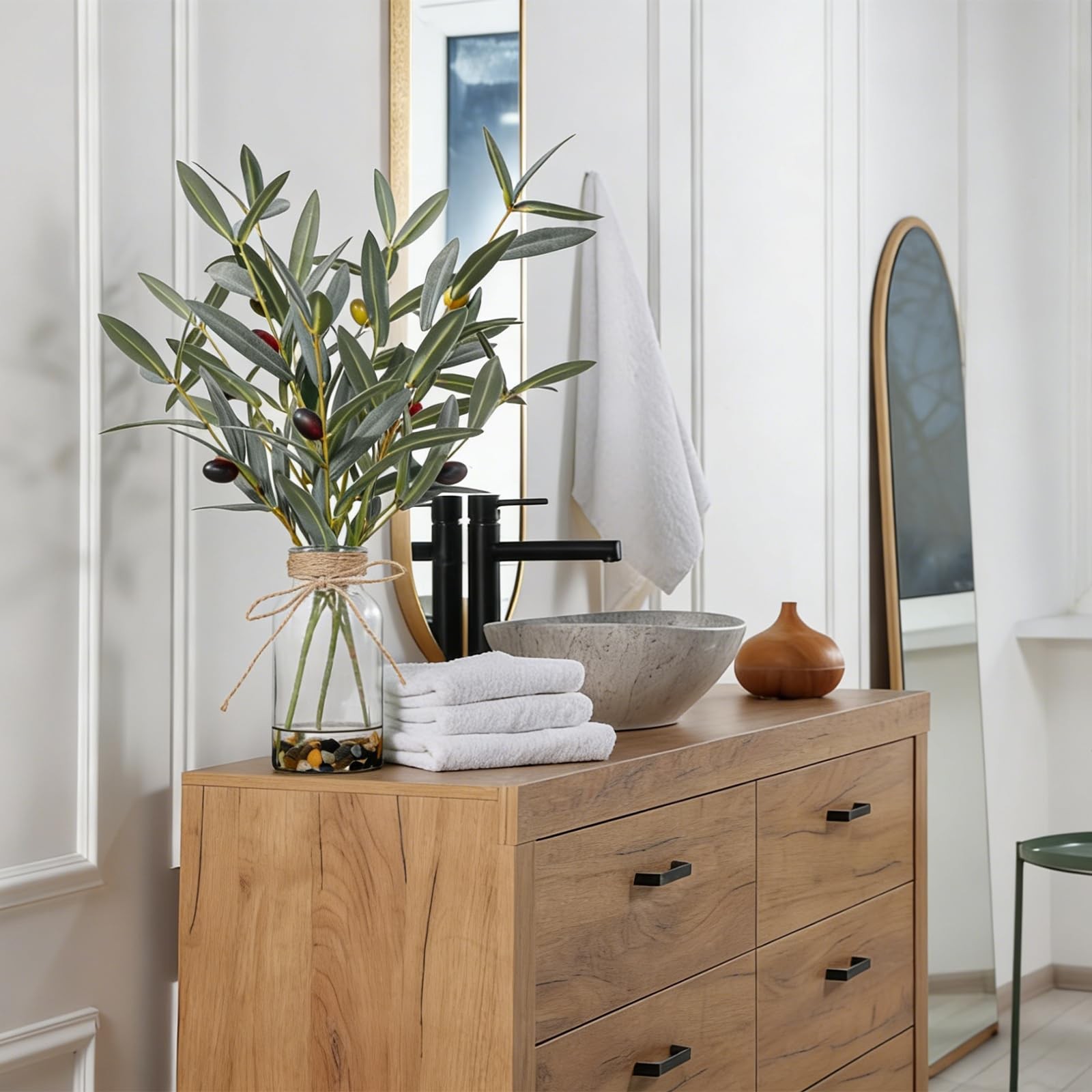 15.74” Artificial Olive Branches in Glass Vase with Faux Water & Natural Ston…