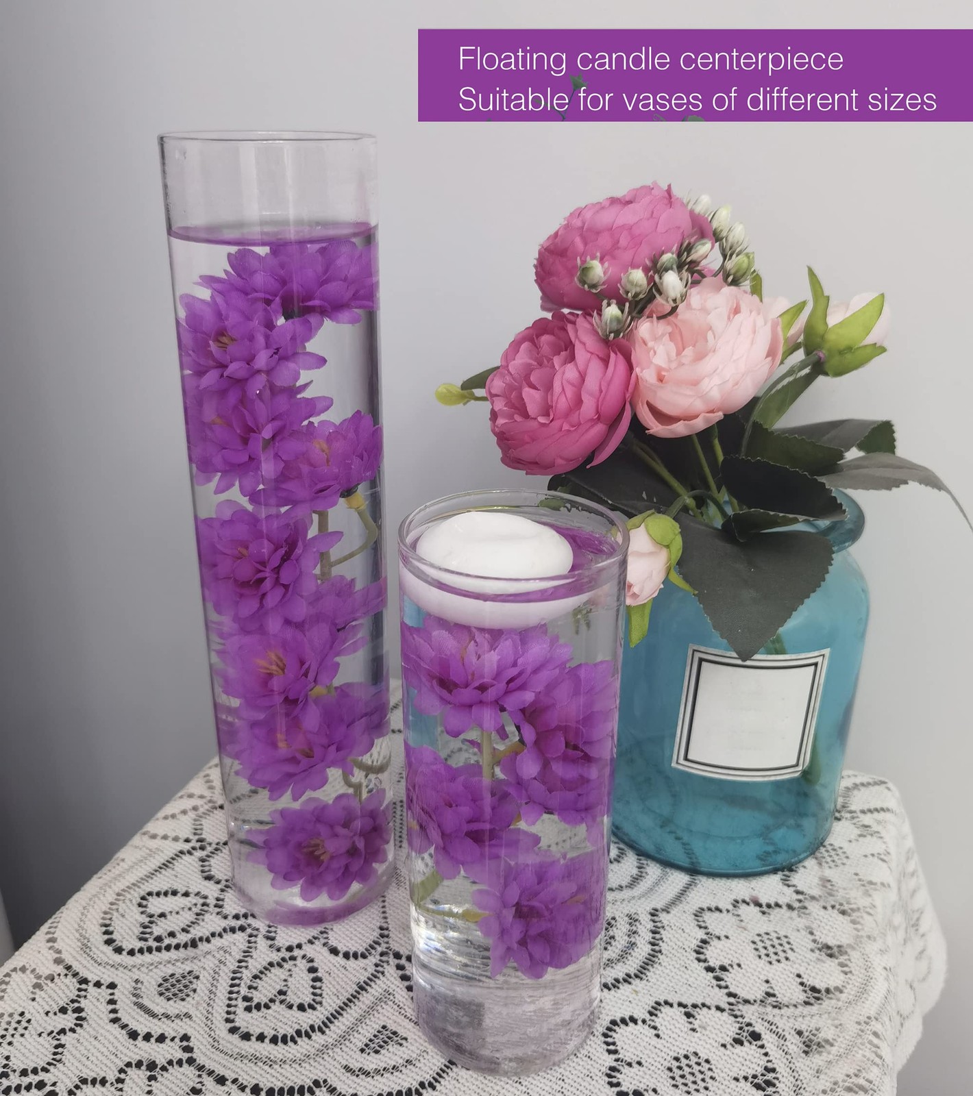 12 PCS Blue Artificial Flowers Floating Candle Centerpiece Vase Filler Decor