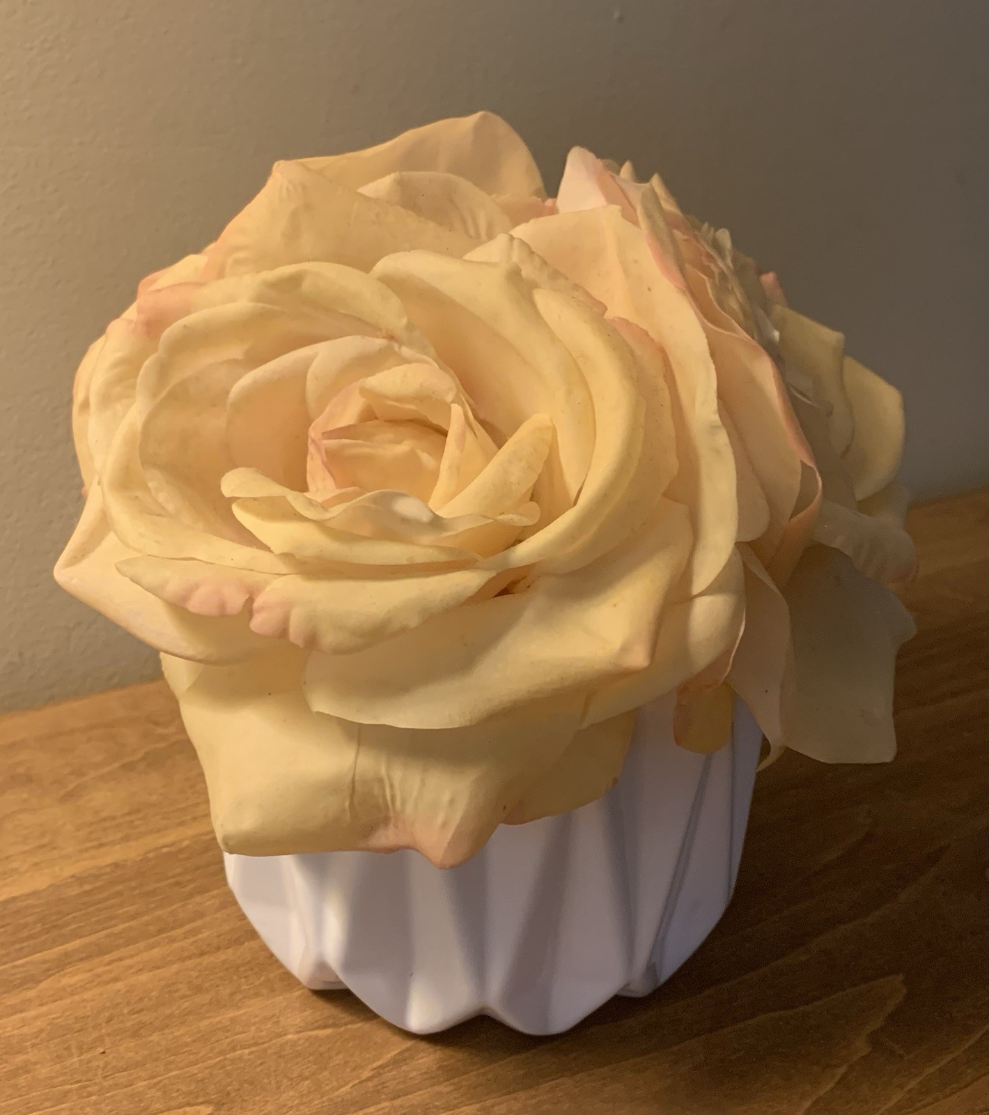 Faux Blush Pink Roses Floral Arrangement Bouquet in White Ceramic Flower Pot