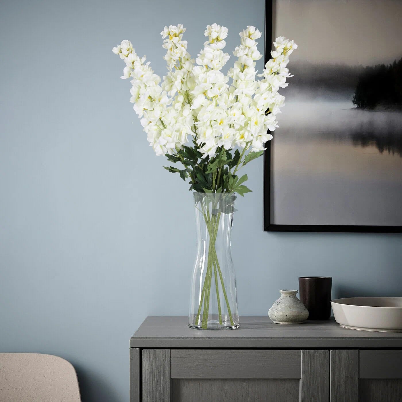White Artificial Delphinium Faux Larkspur Flowers 5PCS 39″ Long Stem White