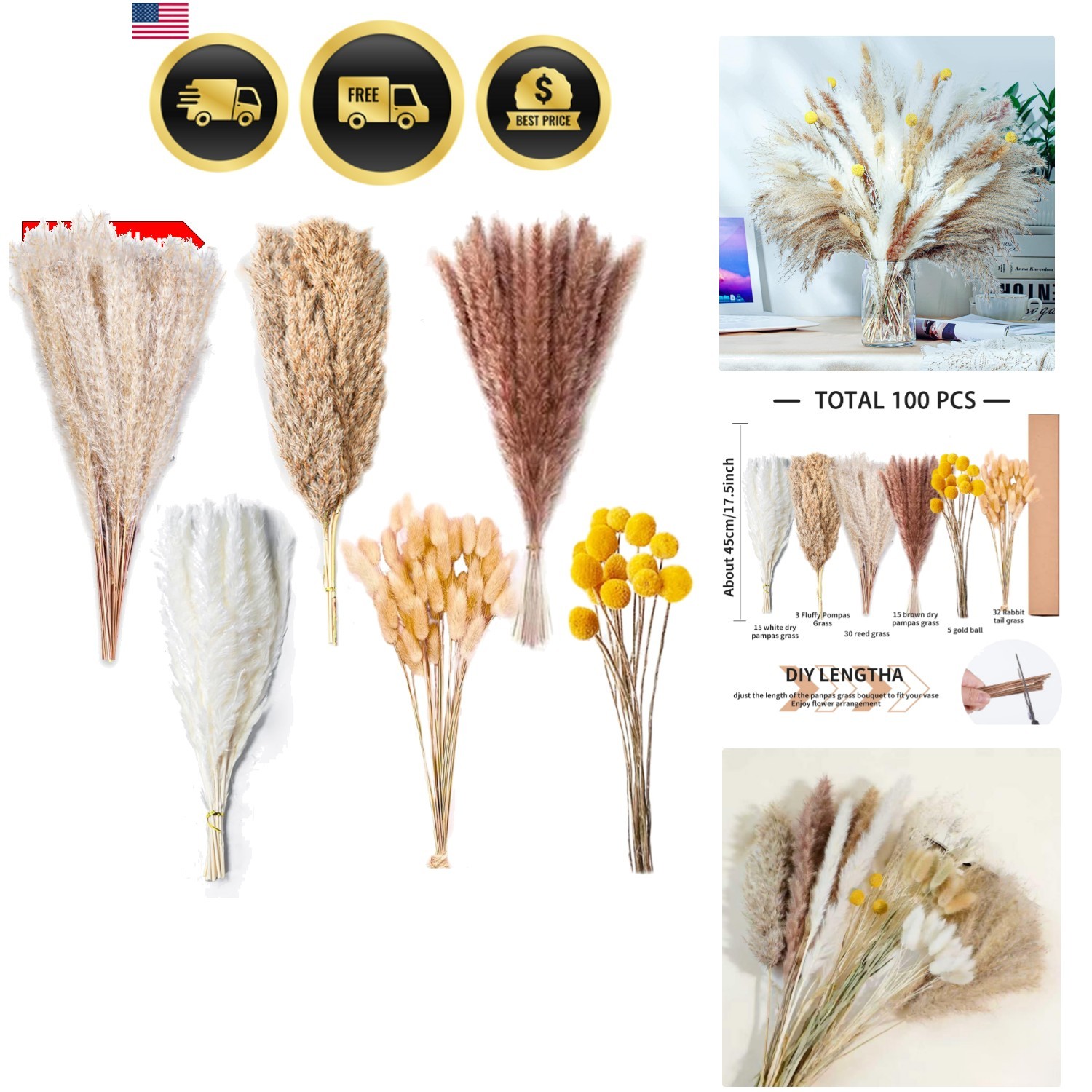 100PCS Natural Dried Pampas Grass Decor – 17.5″ Fluffy Pampas Grass Bouquet -…