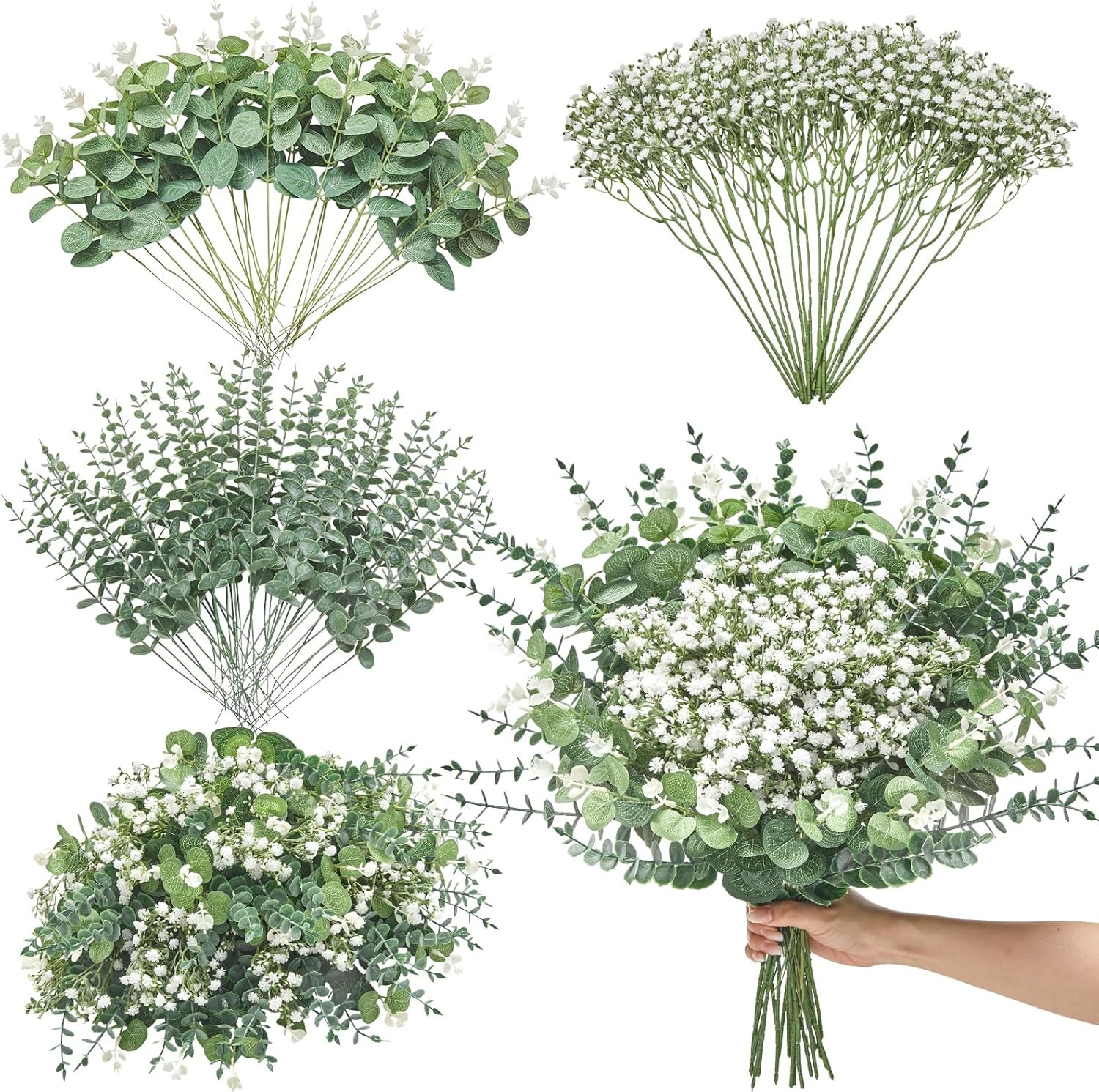 100 Pcs Mixed Artificial Eucalyptus Stems,Babys Breath Artificial Flowers Bulk w